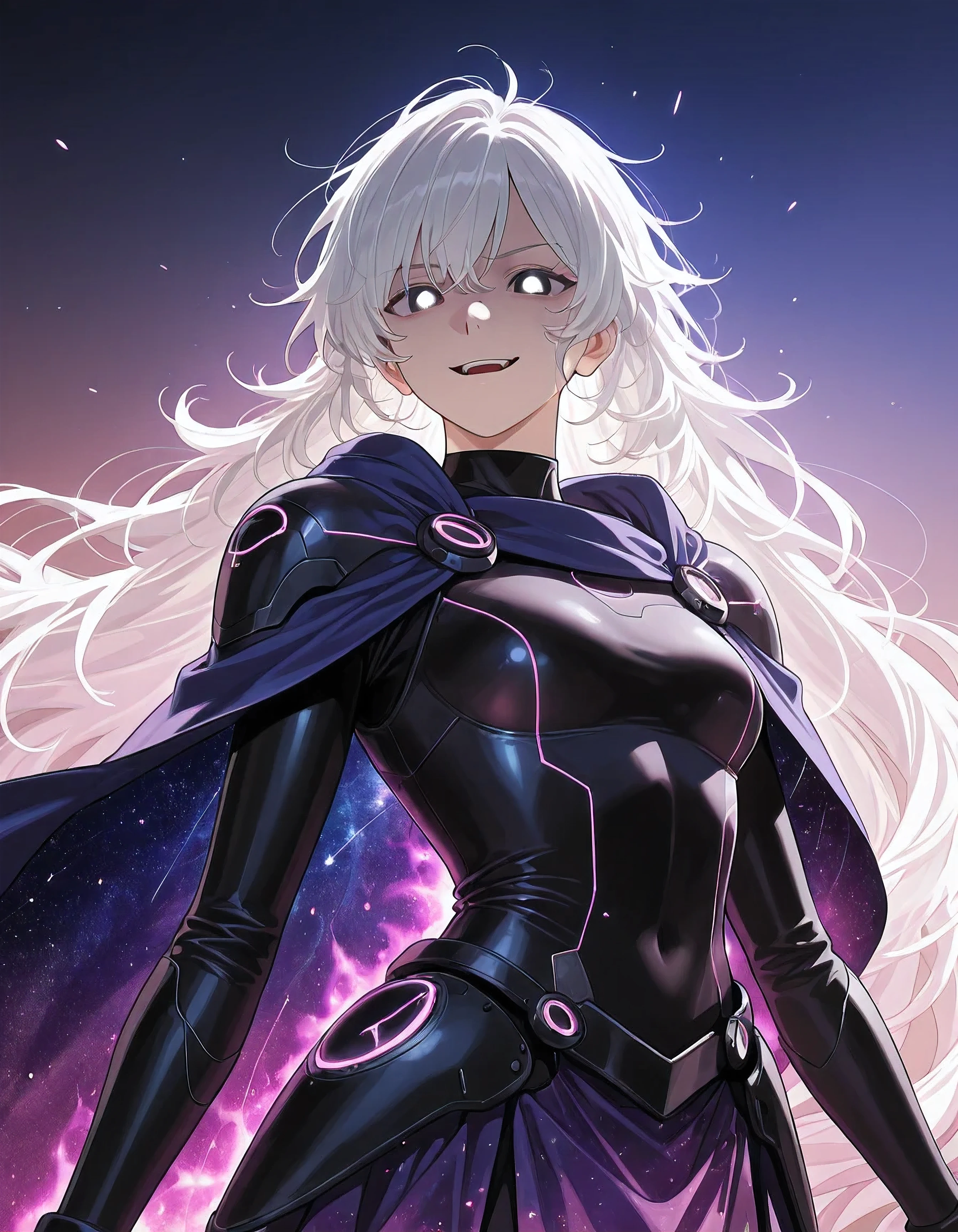 (upper body shot, solo:1.1), glowing aura, glowing body, photorealistic background and lighting, 4k, ultra detailed, extremely detailed, detailed background, webtoon, cinematic shot, dramatic shot, Anime illustration, detailed anime artstyle, cinematic, volumetric lighting, aurora warm light, colorful, light reflection, (dynamic pose, 1girl:1.58), happy expression, cocky, open mouth, black eyes, white hair, very long hair, fluffy hair, messy hair, (battle skirt, mage skirt, cosmic aura:1.2), small breasts, deity, mana sphere, black magic, peplos, ancient greek clothes, glowing eyes, high tech combat suit, high tech armor, glowing eyes, snarling, glaring at viewer, sadistic smirk, narrow eyes, (cosmic cape, astral cape, capelet:1.33)
