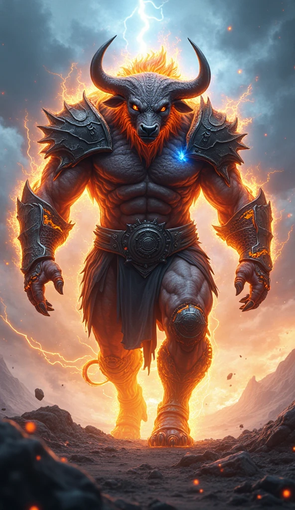 highest quality, 8k, hdr, (head to toe:1.4), Realistic, Large black man with mixed white heritage, heavily muscled, eight feet tall, lots of muscle like the incredible hulk, Bright blue tattoo of a badger with glowing eyes across his chest, long braided hair in African fashion, mauve hair and beard, bright orange eye coloring, wearing thick fantasy armor below the waist, cuts on his chest and arms, a bleeding sneer on his face, holding an ogre by the head while letting the ogres feet dangle off the ground,