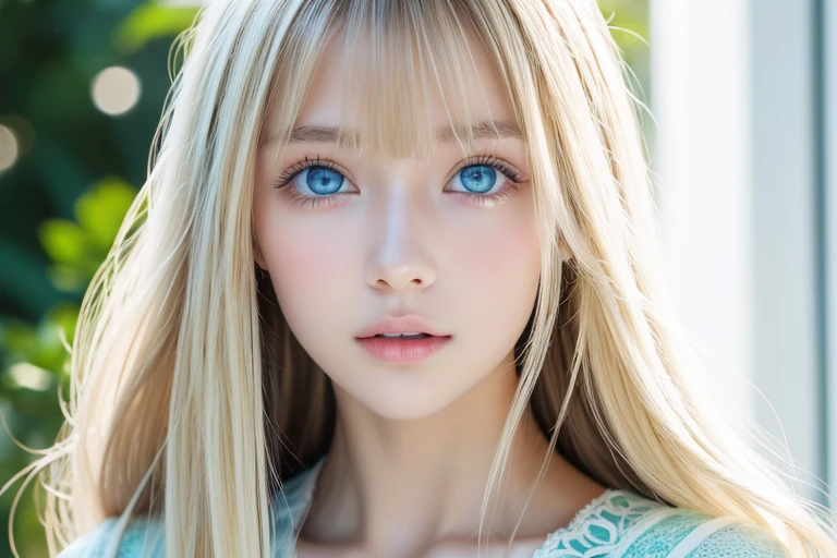 Portraiture、、Bright expression、ponytail、beautiful disheveled bangs、Bangs between the eyes、Bang to the face、young, Shiny, white, Glowing Skin、Terrible face、Cheek gloss highlighter、The ultimate beauty、Blonde reflection、Platinum blonde hair with dazzling highlights、Shiny bright hair,、Super long, silky straight hair、Shiny beautiful bangs、Charm, Shining beautifully, Very bright, Bright Blue Eyes、Very big eyes、Very beautiful lovely cute 15 year old beautiful、Bust of a Rich Man、Small Face Beauty、
