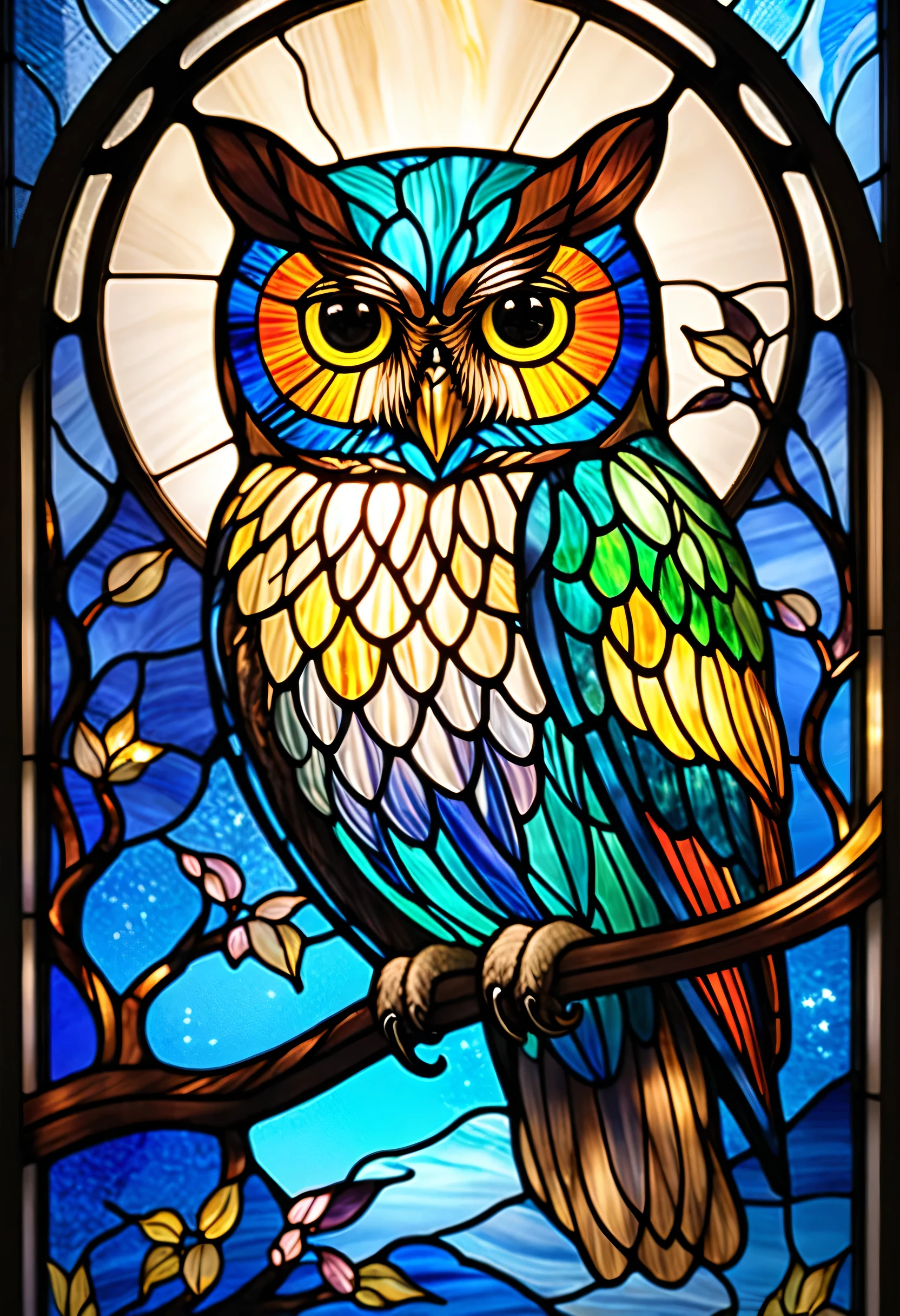 close-up of colorful owls illuminated on a moonlit night、Stained Glassアート、Stained Glassスタイル、sparkling stained glass background、owl-themed、colorful stained glass、gothic stained glass style、backlit stained glass、complex stained glass、Stained Glass、psychedelic owl、Louis Comfort Tiffany inspired、Stained Glass!、Art Nouveau aesthetics