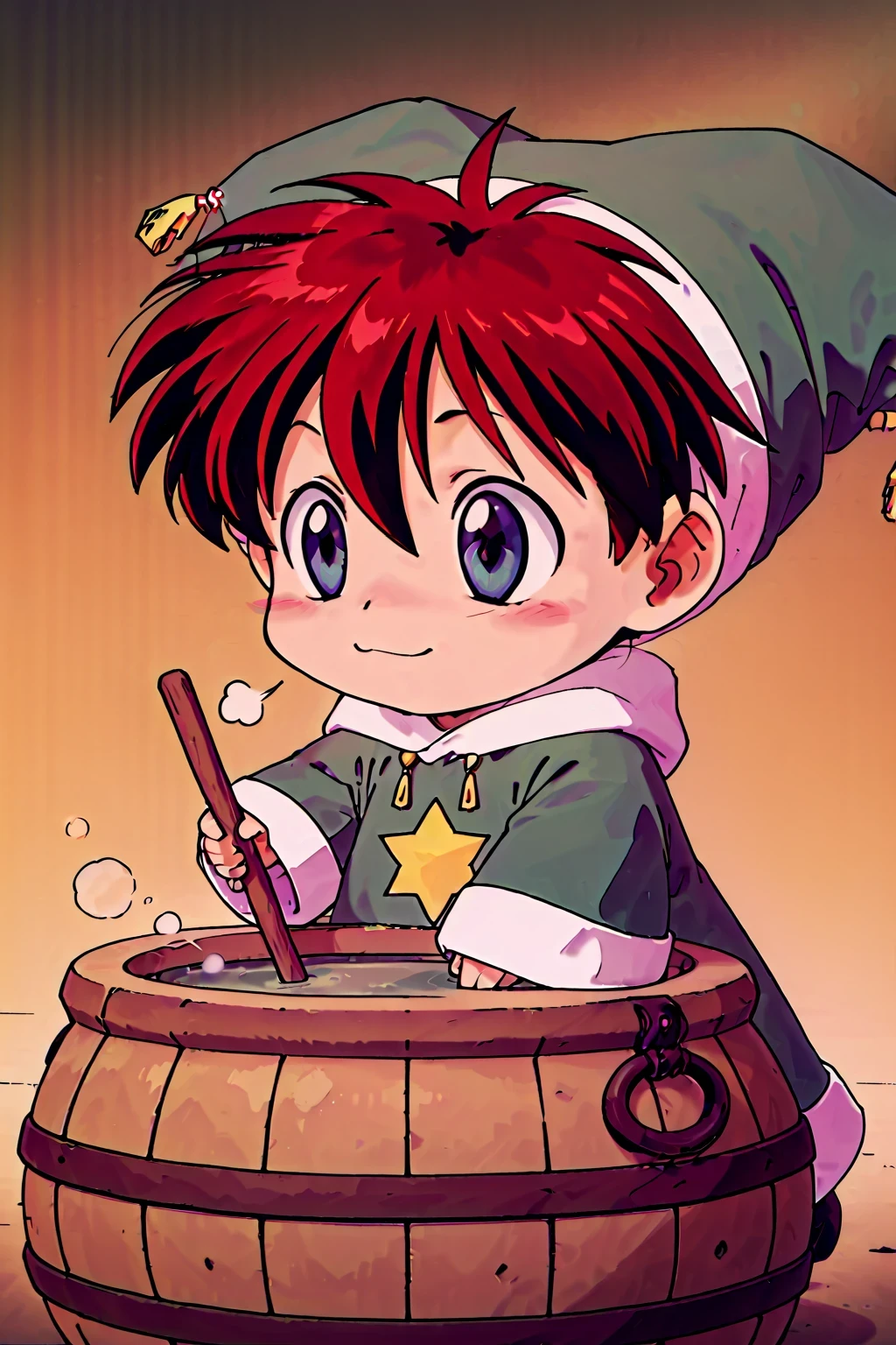 masterpiece,highest quality,Super detailed,32K,High resolution,an extremely delicate and beautiful,Official Art,Perfect Anatomy,(solo:1.5), Contrasting colors,octane rendering,Fully painted,anime coloring,anime screencap,Cel-shaded anime,retro artstyle,1990s \(style\),90s anime,90s anime style, perfect face,ultradeTailed eyes,beautiful,sexy,supermodel,athletic body,shiny skin,Dramatic light,(scale to fit the dimensions:1.2), yousei\(Atelier\),eyebrows visible through hair,green coat,green headwear,green shirt,hair between eyes,jester cap,jewelry,long sleeves,((chibi anime:1.52)), ((stirring:1.25)),face_focus,fantasy,indoor,test tube,flask,smoke,window_,scenery,laboratory equipment,alchemy,barrel,profile,looking ahead,sigh,