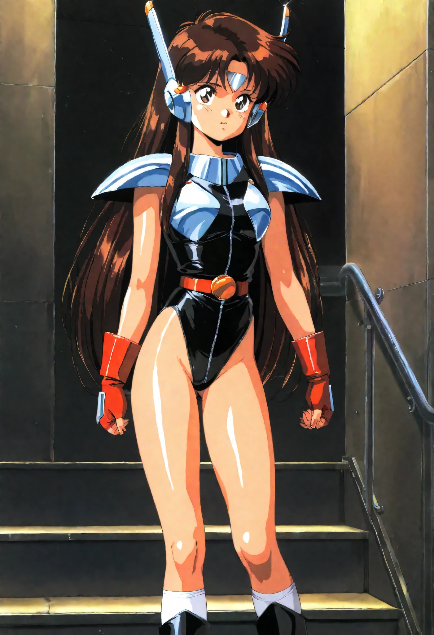 masterpiece, best quality, highres, 1girl, solo, superhero, leotard, blue and white leotard, bare legs, brown hair, short hair, brown eyes, hairband, medium hair, ribbon, boots, matching boots, blue boots, medium breasts, cowboy shot, standing, smile, city backdrop, haruhi suzumiya, kyoani haruhi style, sleeveless, wonder woman,