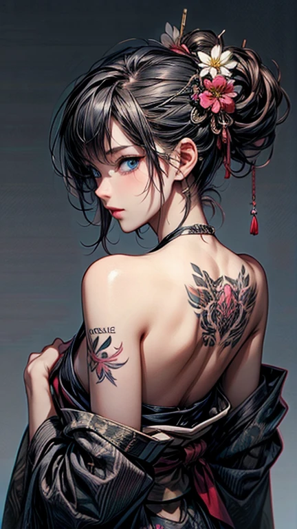 nsfw:1.5, hot sexy girl, sheer translucent halter neck sleeveless cropped top, colorful yakuza flower tattoos, stylish, cool, edgy