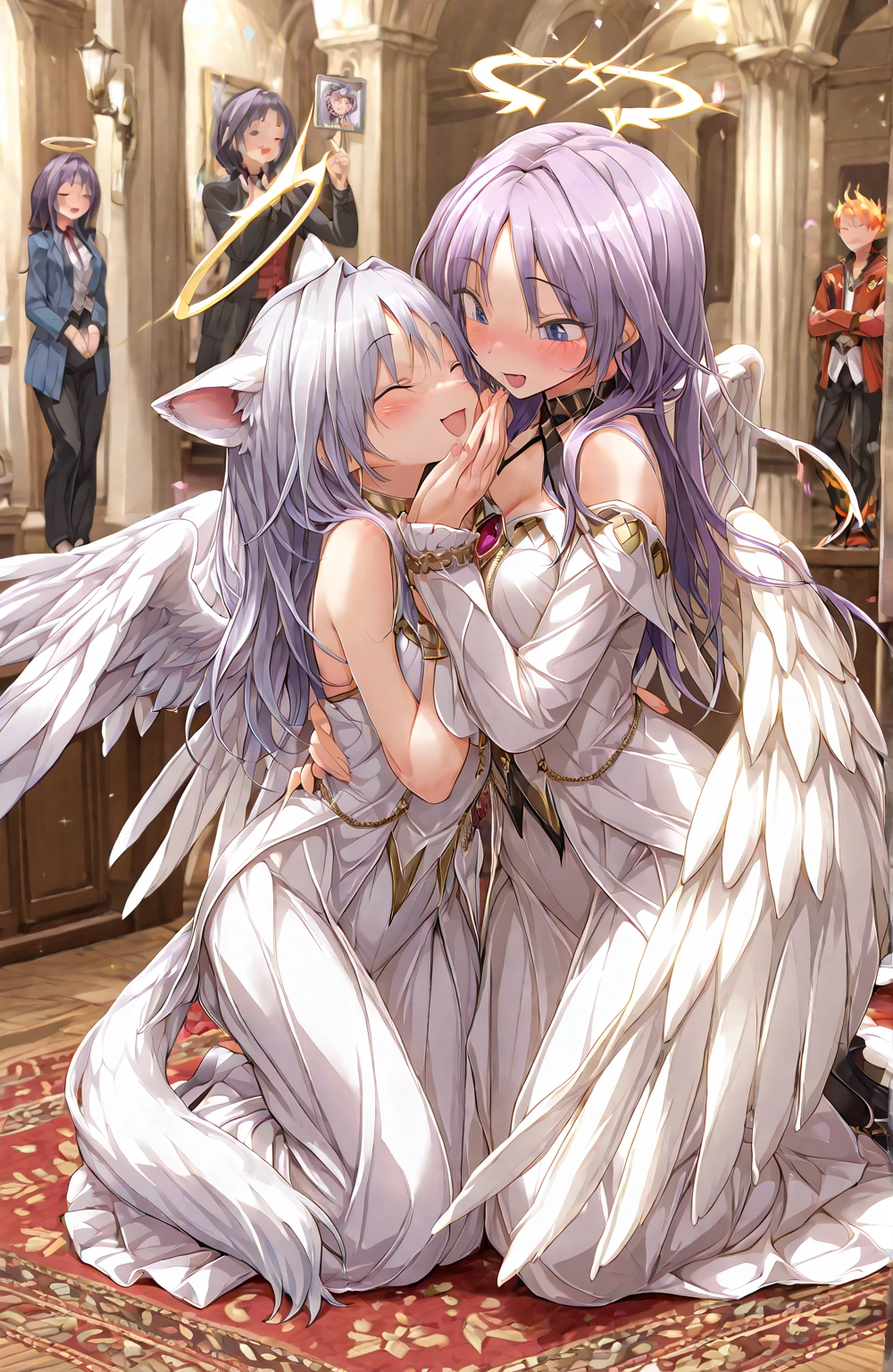 A 20-year-old female angel with long, white hair, yellow eyes, white cat ears, and large white angel wings. yellow halo ring round white glasses Sexy white, leg length evening dress. Stand and look down, hand touching lips.
