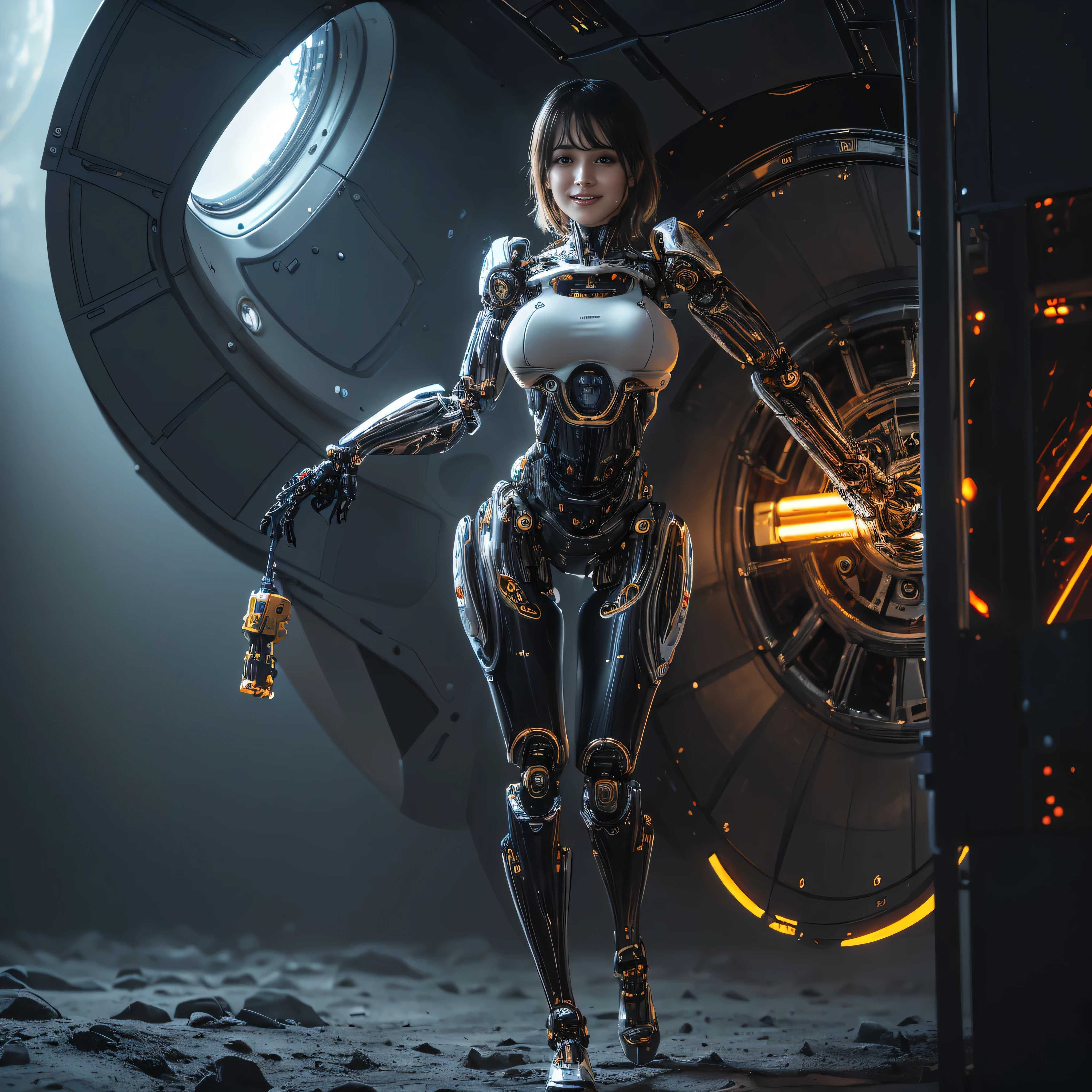 intelligent bionic robot, 2 women’s heads, woman, cyborg robot parts, microchip, Bright studio, hyperrealism, high detail on the face, delicate details, soft writing, rimlight, Rendered by Octane, Unreal Engine 5 rendering, Mechanical Public Enemy Style, 16k, best image quality, TESTIFIES, white balance on the lunar surface, High key lighting, for a soft and graceful atmosphere, Ultra A High Resolution, Big Breasts Machine, cyberpunk, ((((flying)))), In production, Battle Angel Alita, ((((big smile)))), ((((wide thigh opening with both thin long legs)))), ((((Head of a age kawaii Japanese idol)))), ((((short pixie cut)))), ((((A cyborg with a humanoid precise mechanical robotic pure ultimate pure gold metal most one and only muscular skinny tight body from the neck down)))), (huge metal breast), ((((extremely thinnest mechanical waist)))), ((((precise mechanical robotic arms and hands and super long neck)))), ((((pure gold hair)))), ((((vigorous)))), ((((boyishly)))), ((((full body)))), ((((Ultra hires)))), ((((master piece)))), ((((best quality)))), ((((detailed)))), ((((photo realistic)))), ((((There are several holes in the fuselage that were drilled by gun fire))))