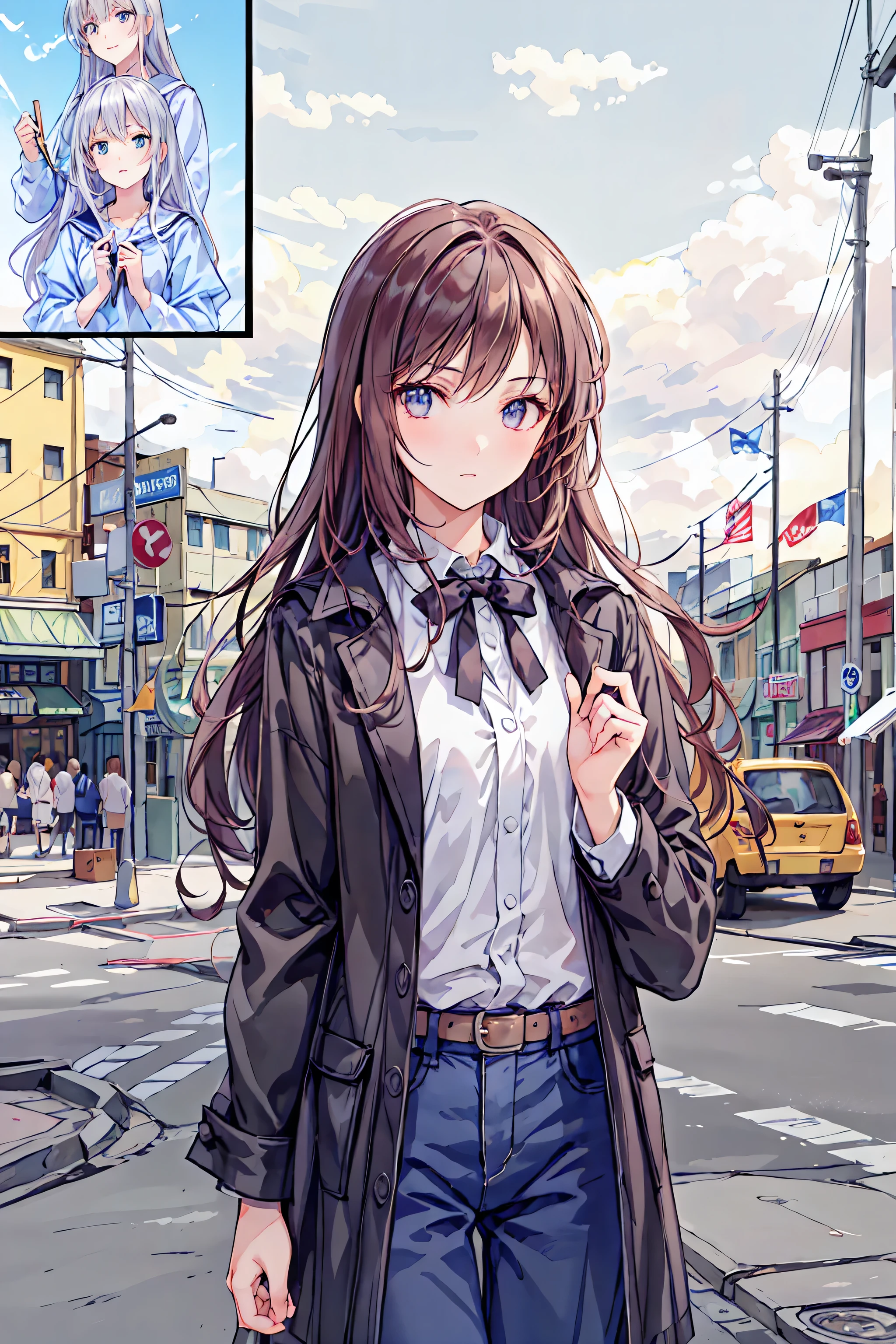 yoshikawa yuuko, 1hair, solo, hair ribbon, long hair, masterpiece, best quality, highres ,a girl,green eyes,<lora:Yoshikawa:0.9> ,hibike! euphonium, anime coloring,((black jacket:1.2)), cross necklace, earrings, denim shorts, torn legwear, black gloves, OUTDOORS, playground,