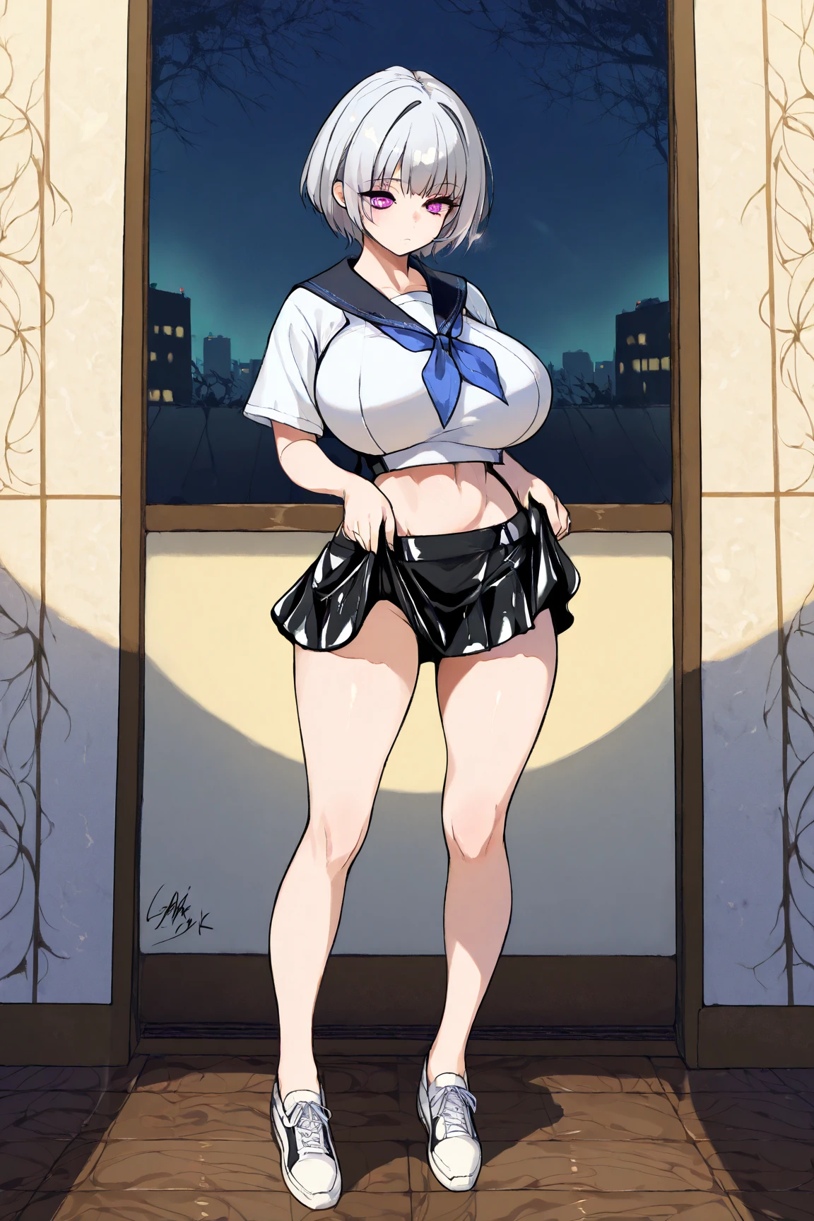 1girl,(solo),gigantic breasts, wide hips, thick thigs,dynamic pose, school uniform, thighhighs, black choker, smile, :d,streen, white hair, purple eyes, fox ears, short hair, extremely detailed eyes,<lora:Tsuji_768-v3-000170:1>