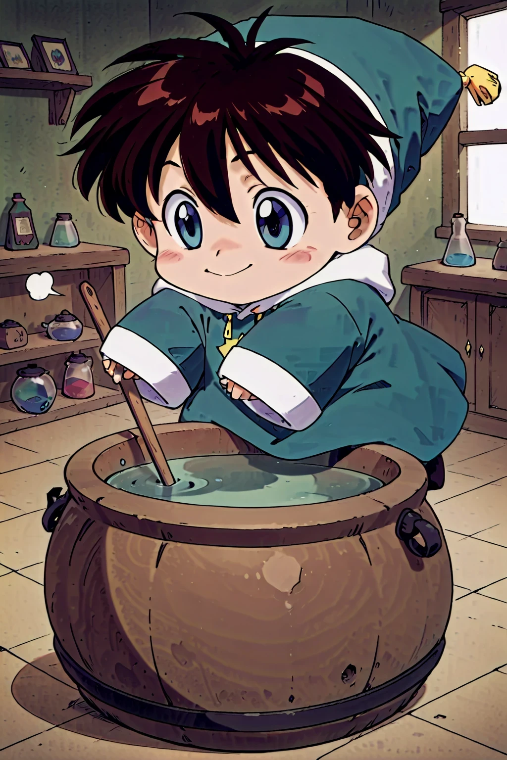 masterpiece,highest quality,Super detailed,32K,High resolution,an extremely delicate and beautiful,Official Art,Perfect Anatomy,(solo:1.5), Contrasting colors,octane rendering,Fully painted,anime coloring,anime screencap,Cel-shaded anime,retro artstyle,1990s \(style\),90s anime,90s anime style, perfect face,ultradeTailed eyes,beautiful,sexy,supermodel,athletic body,shiny skin,Dramatic light,(scale to fit the dimensions:1.2), yousei\(Atelier\),eyebrows visible through hair,green coat,green headwear,green shirt,hair between eyes,jester cap,jewelry,long sleeves,((chibi anime:1.52)), ((stirring:1.25)),face_focus,fantasy,indoor,test tube,flask,smoke,window_,scenery,laboratory equipment,alchemy,barrel,profile,looking ahead,sigh,