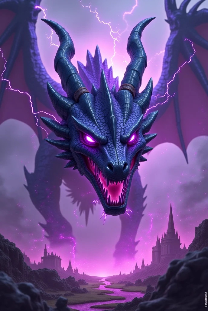  digital artwork featuring a majestic dragon with intricate details. The dragon has a dark purple, almost black, scaly body with a long, sinuous neck and tail. Its wings are large and bat-like, with a gradient of blue to purple hues, semi-translucent and veined, giving a mystical appearance. The dragon's head is adorned with sharp, menacing horns and glowing eyes. In the foreground, the phrase "Artvision1999" is prominently displayed in 3D, graffiti-style metallic letters, adding a modern, edgy touch to the surreal landscape. The background showcases a surreal landscape with jagged mountains and a large, ethereal moon in a purple sky, adding to the otherworldly atmosphere. The overall color palette is dominated by shades of purple and blue, creating a cohesive and enchanting scene.anatomically correct, super detail, high quality, 4K
