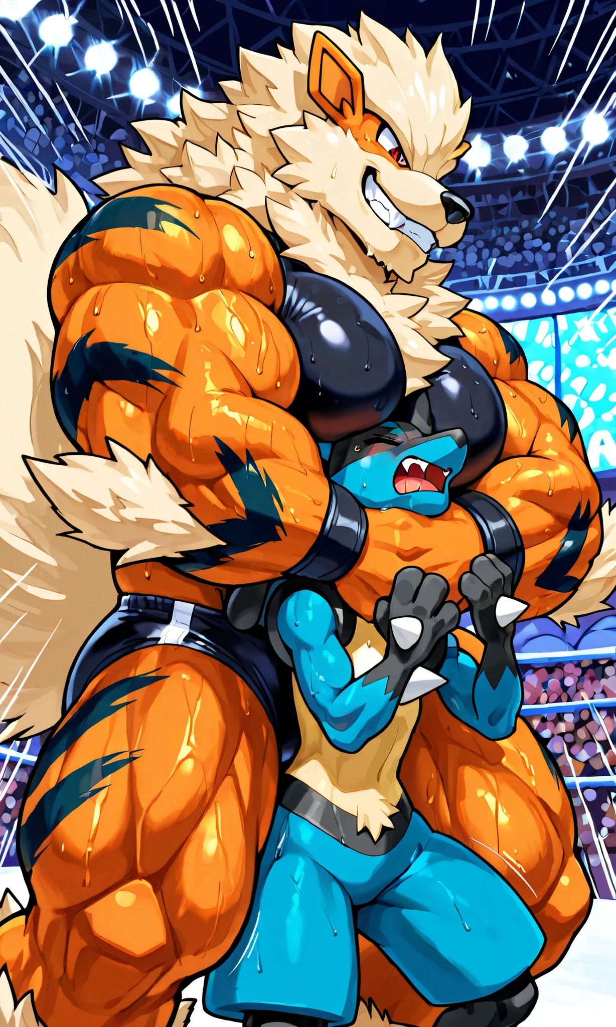 giant arcanine wrestler, small feral lucario, wresling, submission hold, [arcanine:carrying person, head lock from side, arm around head, heavy weight bulky fat, giant plump muscular body, thick arms, big pectoral muscles, venis popping, evil grin, looking each other, spread legs wide, wearing black spandex, sweaty], [lucario:small build, head between arms and pecs, pain, closing eyes, open mouth],size difference, motion blur, motion line, colosseum background, from side