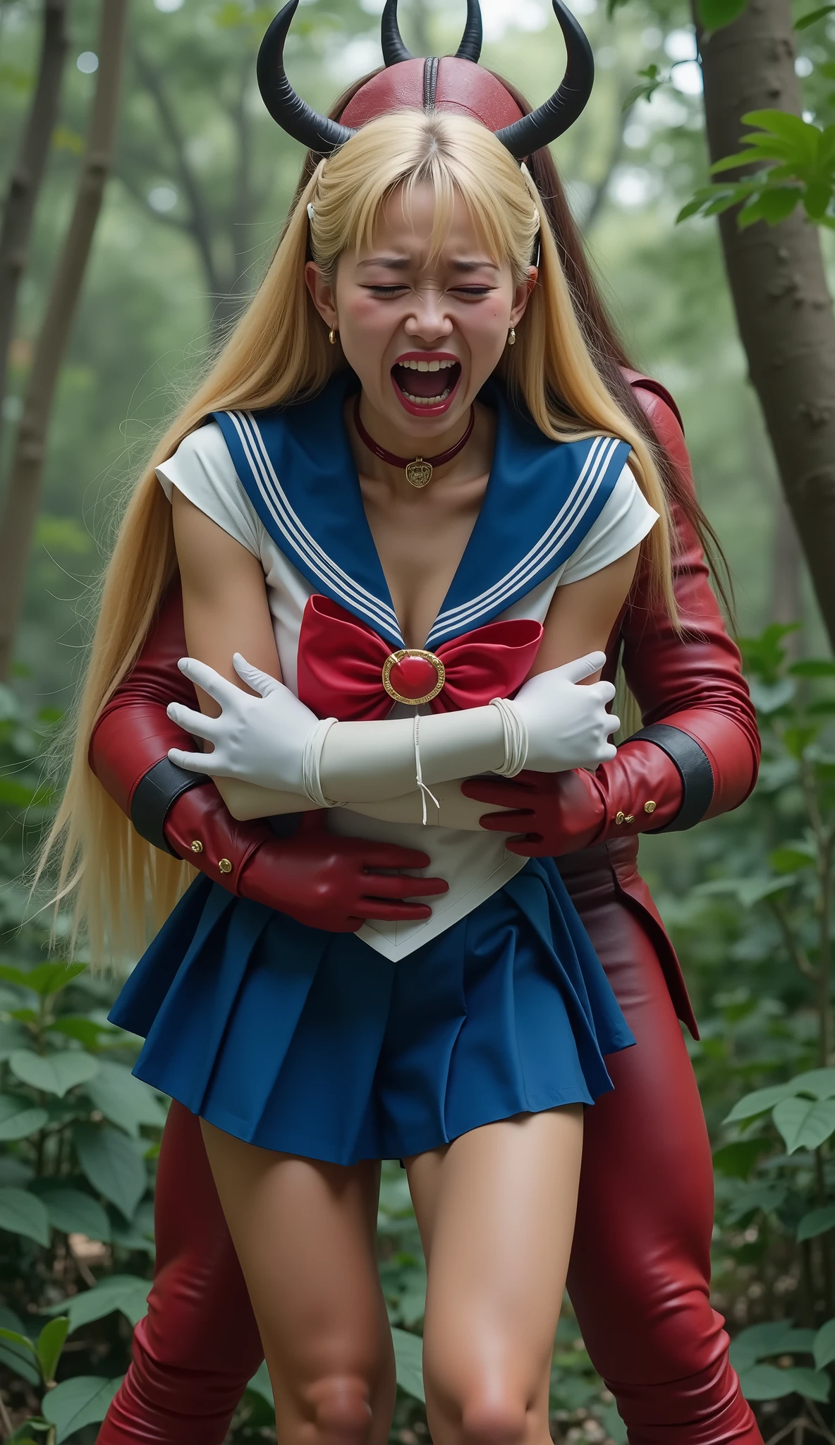 Hyperrealism, masterpiece, highest quality, A young Japanese woman is bending down and hugging from behind by a devil, ((she is crying and screaming in pain)), tears from her eyes, painful face, she is wearing a Sailor Moon costume, Blue sailor collar, Blue short mini pleated skirt, she is wearing pleated skirt, blue pleated skirt, Long white gloves, shiny beige color pantyhose, red high boots, Exposed thighs, red long boots, big choker, long blonde Hair, a devil is standing sexual assault her from behind, the devil is hugging her tightly and push his private part into her body, in the jungle,