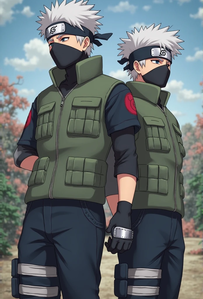 Naruto and Sakura's clothes with the headband, A vila de Naruto ao fundo.