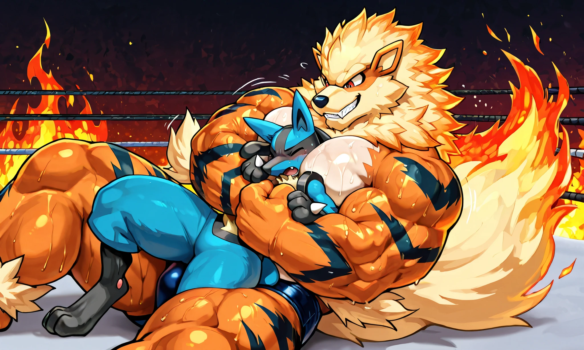 giant arcanine wrestler, small feral lucario, wresling, submission hold, [arcanine:carrying person, head lock from side, arm around head, heavy weight bulky fat, giant plump muscular body, thick arms, big pectoral muscles, venis popping, evil grin, looking each other, spread legs wide, wearing black spandex, sweaty], [lucario:small build, head between arms and pecs, pain, closing eyes, open mouth],size difference, motion blur, motion line, burning fire colosseum background, from side