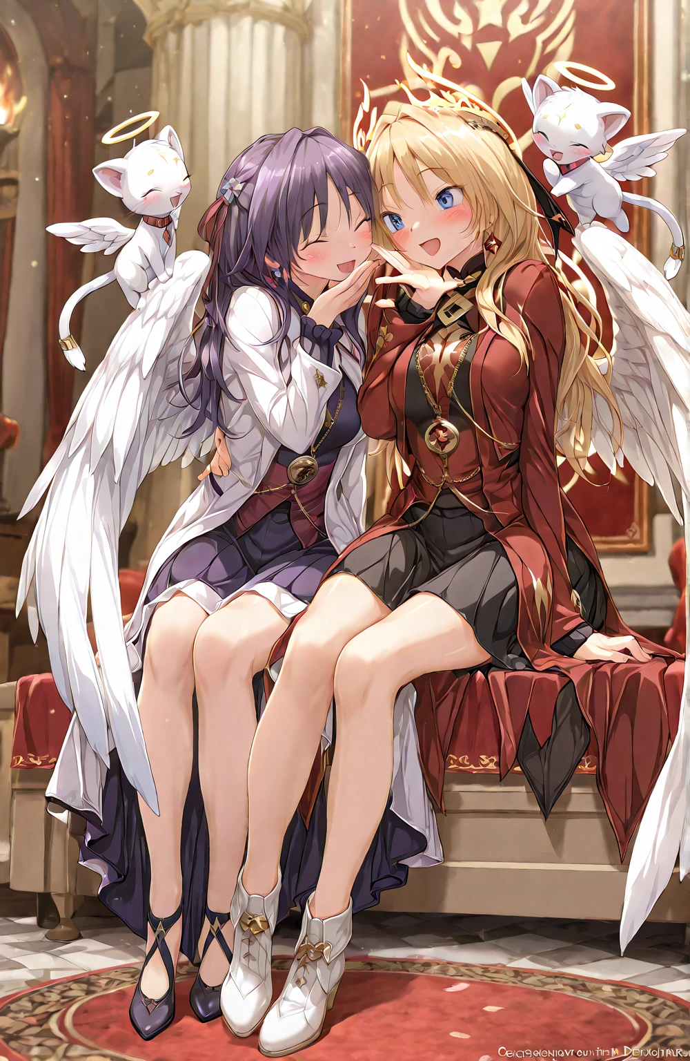 A pink haired woman with violet eyes is laying by a fireplace with  a golden haired female angel with hazel eyes in white armor and white wings.
