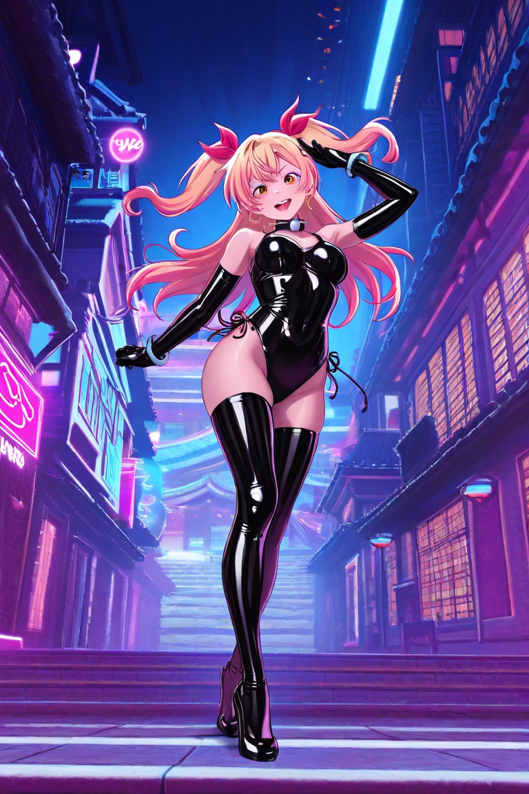 ((masterpiece:1.4)、(Highest quality:1.4)、Masterpiece:1.4, Super beauty search officer、(by Luis Royo:1.4)、(Standing facing forward:1.7)、(Latex bodysuit:1.2)、(Shiny luxury latex:1.7)、(Red Corset:1.2)、(Bikini style costume:1.5)、(Luxury Red Latex:1.4)、(Red pleated mini skirt:1.7)、(Stand with the whole body facing forward:2.0)、22 years old、(Cute Tattoos:1.4)、(Wearing white gloves)、Cute Girl、Super Beauty, Portrait Photography:1.4、8k、(Perfect female body:1.4)、Perfect proportions、(Full body photography:2.0)、Beautiful Face、Fearless look、Beautiful Eyes、(Narrow waist:1.4)、(9-body proportions beautiful girl:1.4)、(A beautiful girl with long legs and a good figure:1.4)、Beautiful feet:1.2、(Long Hair:1.2)、Beautiful breasts、Large Breasts:1.2、sexy ass、Red lips、(Red high heels:1.4)、choker:1.4、necklace:1.4、Earrings:1.4、1 Screen Display:1.4、Beautiful night view of cyberpunk city:1.2, long pink hair, green hair
