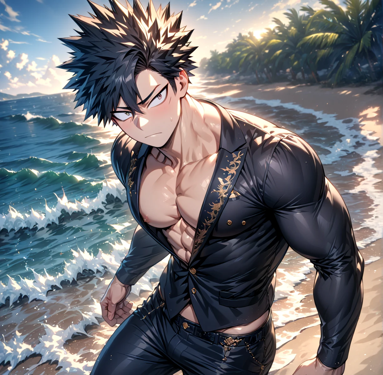 absurdres, highres, ultra detailed, HDR, master piece, best quality, extremely detailed, Kougami Shinya, black hair, expressive gray eyes, Psycho Pass , solo, sexy man, handsome, sensual, manly man, bare chest, horny, fantasy, island, sea, beach