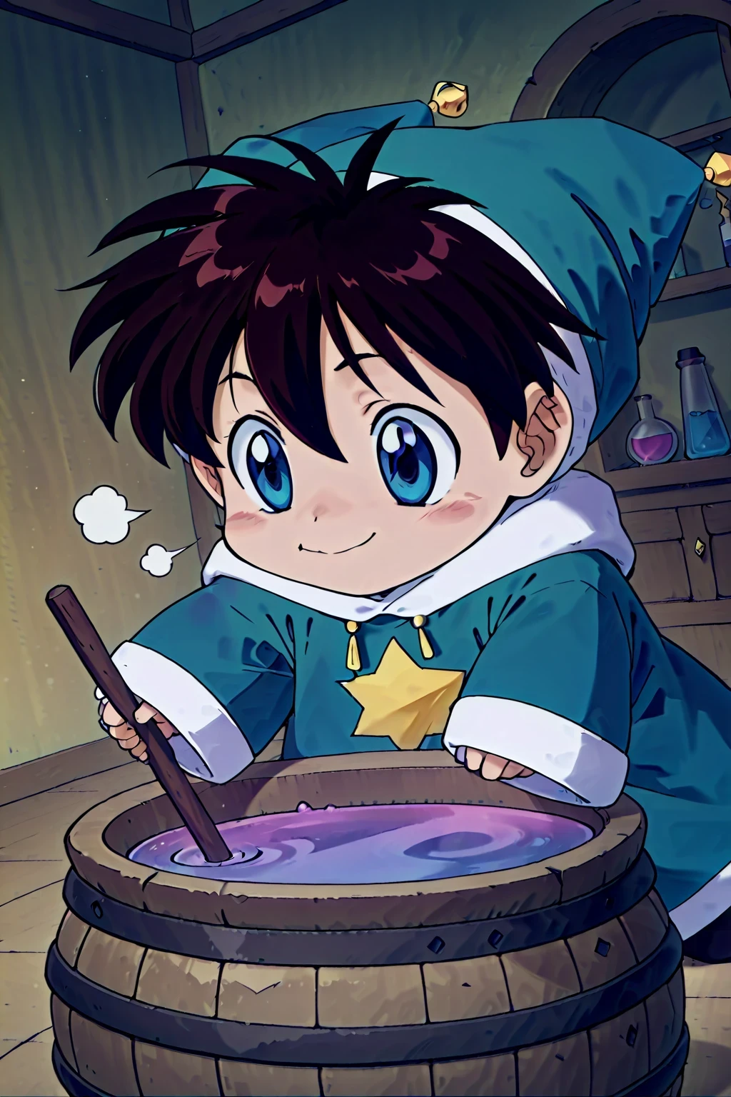 masterpiece,highest quality,Super detailed,32K,High resolution,an extremely delicate and beautiful,Official Art,Perfect Anatomy,(solo:1.5), Contrasting colors,octane rendering,Fully painted,anime coloring,anime screencap,Cel-shaded anime,retro artstyle,1990s \(style\),90s anime,90s anime style, perfect face,ultradeTailed eyes,beautiful,sexy,supermodel,athletic body,shiny skin,Dramatic light,(scale to fit the dimensions:1.2), yousei\(Atelier\),eyebrows visible through hair,green coat,green headwear,green shirt,hair between eyes,jester cap,jewelry,long sleeves,((chibi anime:1.52)), ((stirring:1.25)),face_focus,fantasy,indoor,test tube,flask,smoke,window_,scenery,laboratory equipment,alchemy,barrel,profile,looking ahead,sigh,