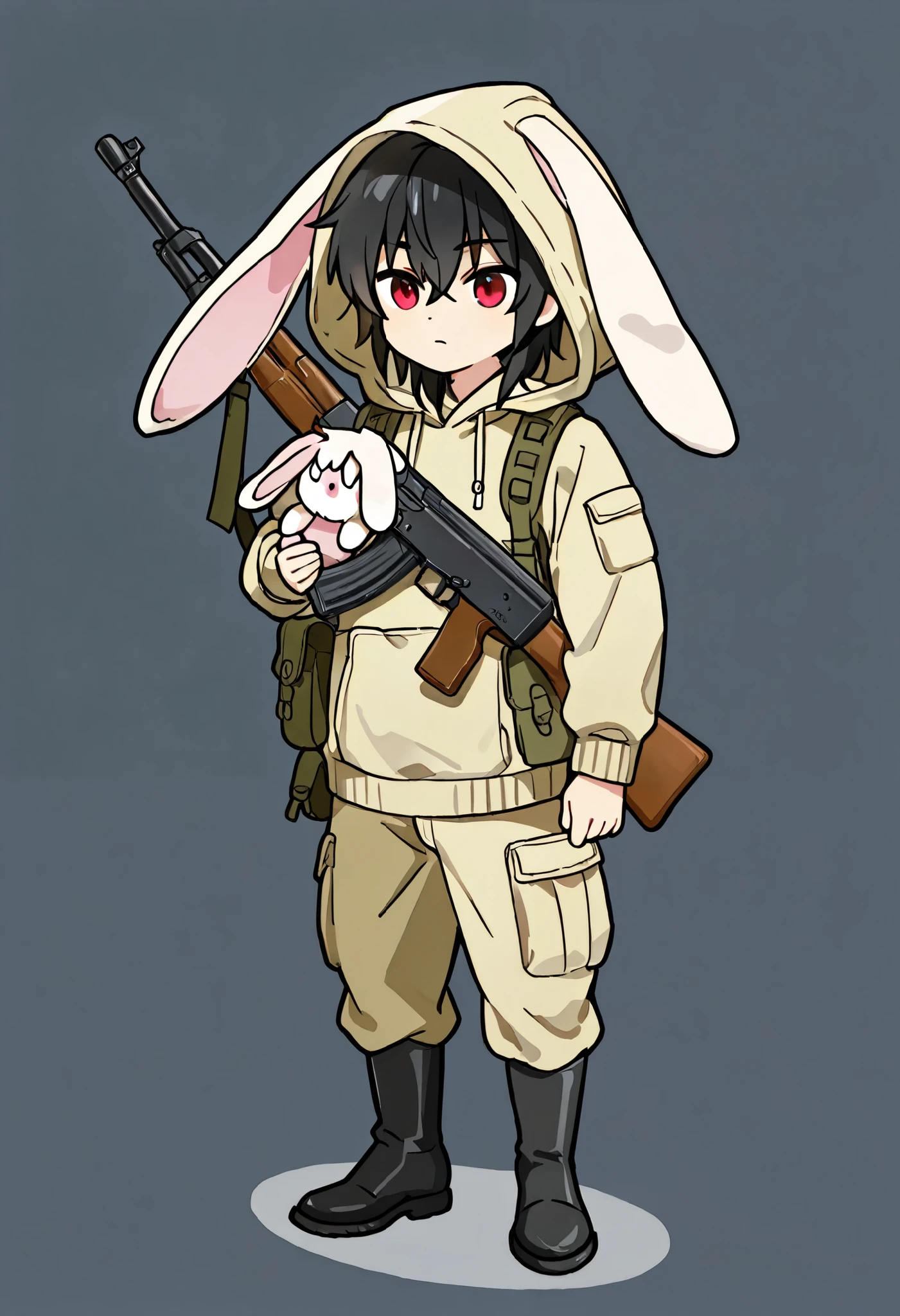chibi, whole body, 1boy, male sentered, military soldier, Khaki colored hoodie with (khaki droopy rabbit ears:1.4), khaki hooded parka, khaki rabbit ears, Wearing a hood, rabbit ears, droop ears, military equipment, AK47, detailed face, black hair, medium hair, red eyes, detailed eyes, khaki cargo pants, long boots,