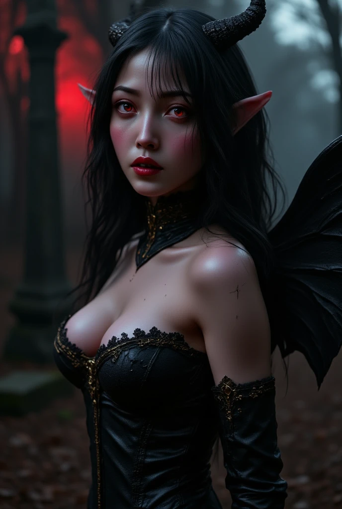 best qualtiy,tmasterpiece,超高分辨率,(Photorealsitic:1.4),RAW photogr,(Authentic skin texture:1.3),(filmgrain:1.3),in a panoramic view,A half body,in the darkness nigth, deep shading, low tune,18yo girl,Inside the volcano,The upper part of the body,(There are huge demon wings on the back:1.4),Medium large breasts,Long black hair,Leprechaun ears,(There are large black devil horns on the head:1.2),Black leprechaun costume,Tyndall effect,(goth makeup:1.2,black lip:1.6,black eyeshadows:1.6,Clown mouth:1.6,red color eyes,),Beautiful details for eyes and face,evil grin smile,Look to the lens, (in the darkness nigth:1.6)