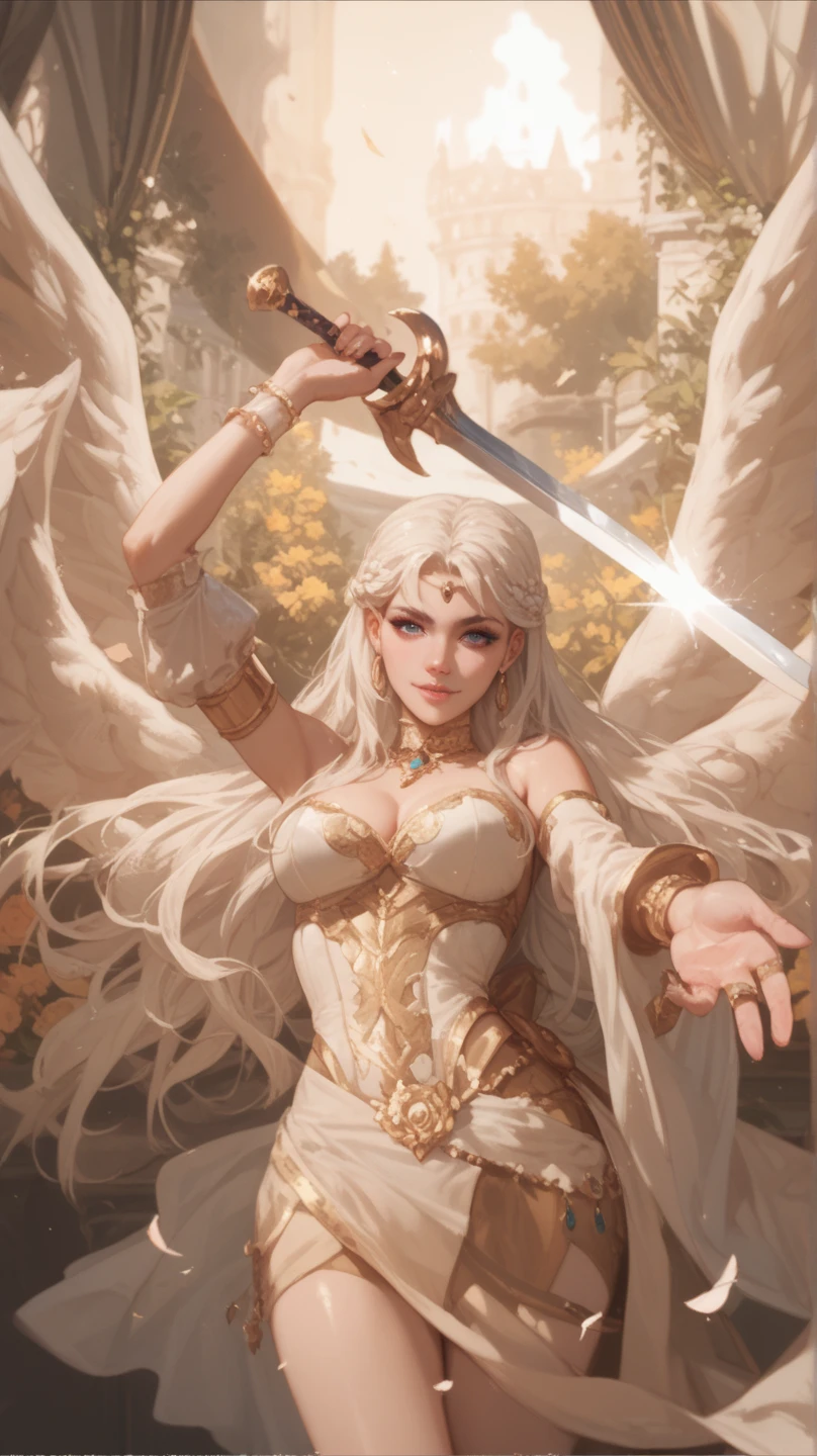 Angel. Hot girl. Sky. Gold sword. Huge white wings. Angry. Sweaty. Fighting. Beautiful. Gorgeous. Low angle POV.