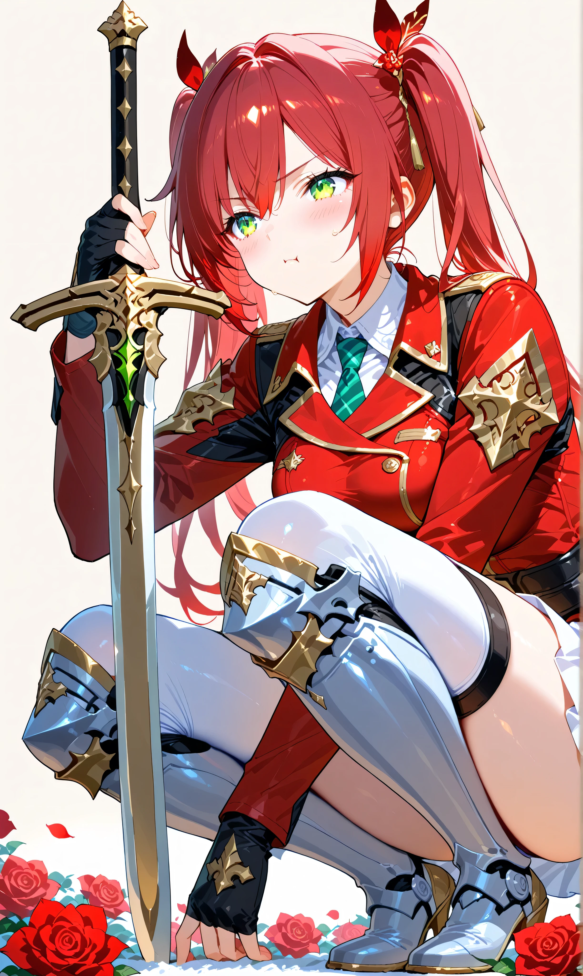 (watercolor:0.4)、( pastel :0.6)、 1girl 、Tie long jet black twin tails with faint red highlights with a ribbon、A knight wearing a red rose military uniform、 green eyes、crouching down in a relaxed position while placing his sword on his side、His cheeks are blushing and his head is tilted slightly。scattered red roses spread across the battlefield、The sunset dyes the background。Simple white background that accentuates the character。