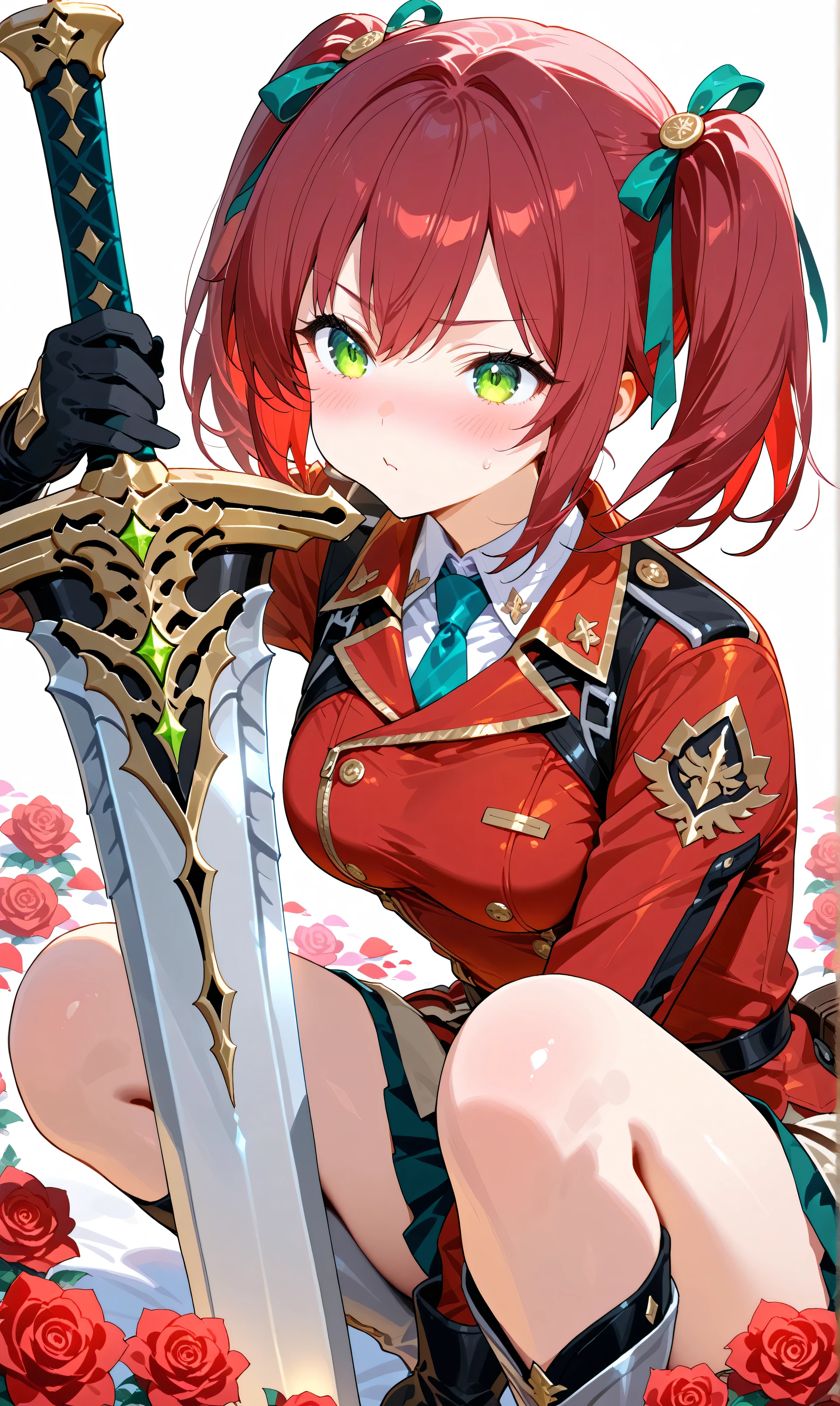 Anime girl with red hair and green eyes holding a sword - SeaArt AI