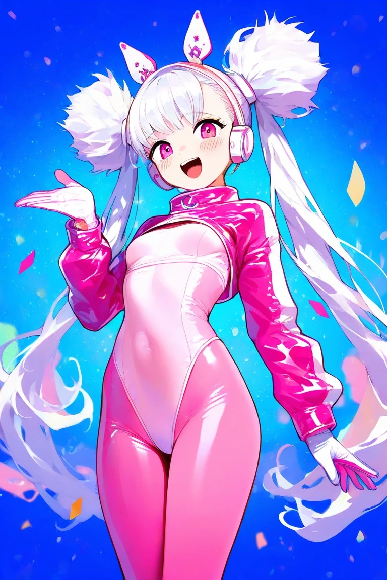 1girl, latex bodysuit,pink bodysuit, carved bodysuit, breasts out, pink nipples, headphones, twintails, shiny clothes, full body, bangs, long pink twintails, blush, gloves, impossible clothes, latex, latex bodysuit, short jacket, skin tight, shrug \(clothing\), medium breasts, slim waist, perfect body, slim legs, long sleeves, looking at viewer, pink eyes, simple background, skin tight, smile, solo, posing, very long hair, white gloves, white hair
