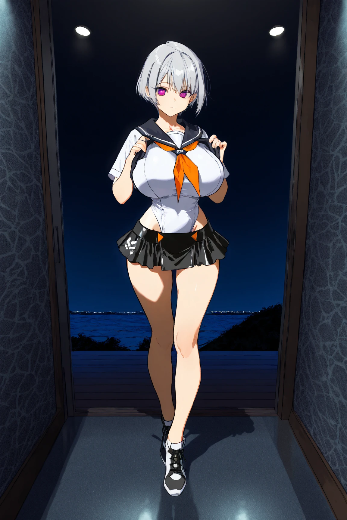 Erotic Anime Illustration、Highest image quality、A voluptuous female high school girl shows off her vagina and shows off her vagina.、Shimakaze、perfect proportions、Overwhelmingly big breasts beyond the norm、thick legs with fat、big areola、Beautiful shining eyes、cowboy shot、smile、get into heat、shaved pussy、exposing nipples