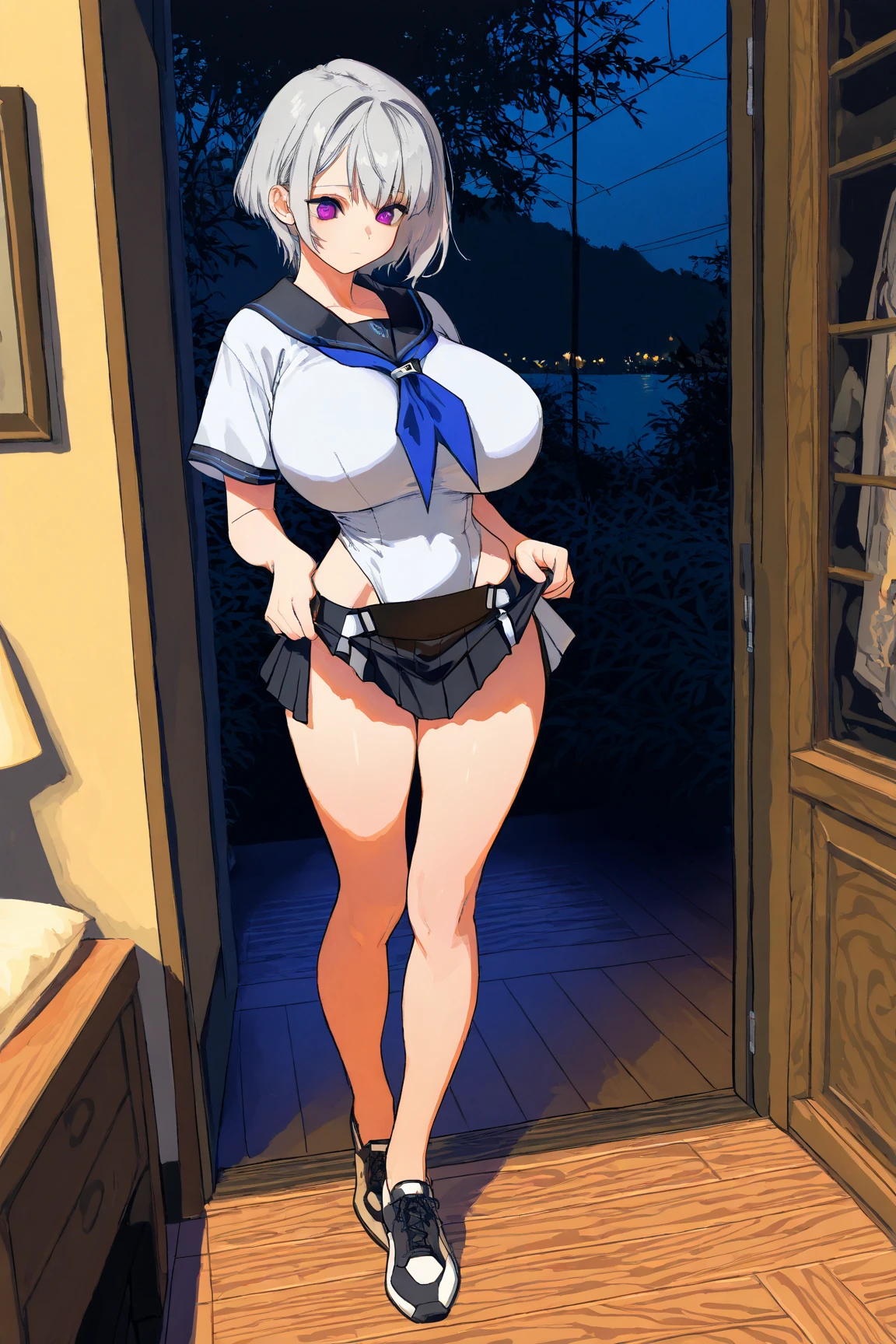 8K、masterpiece、Japanese、Woman wearing glasses、Neon(nod)、from the front、smile、Childish、Small breasts、See-through underwear、night、Bedroom、Show your underwear、mini skirt