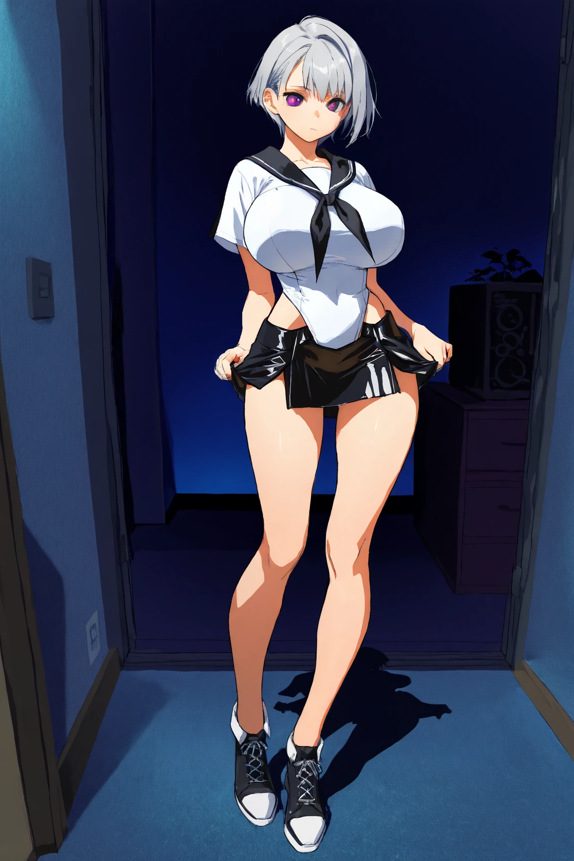 full body, barefoot, standing, Hyper detailed image, UHD, 16k, professional photo, (Realistic photo of Android-18 From Dragon Ball Z) girl Goddess of beauty, very straight short blonde hair, serious face expression, ((she wears a blue denim jacket and a cropped white shirt, short white underground showing flesh of the breast)), transparent panties, blonde( panties showing )
