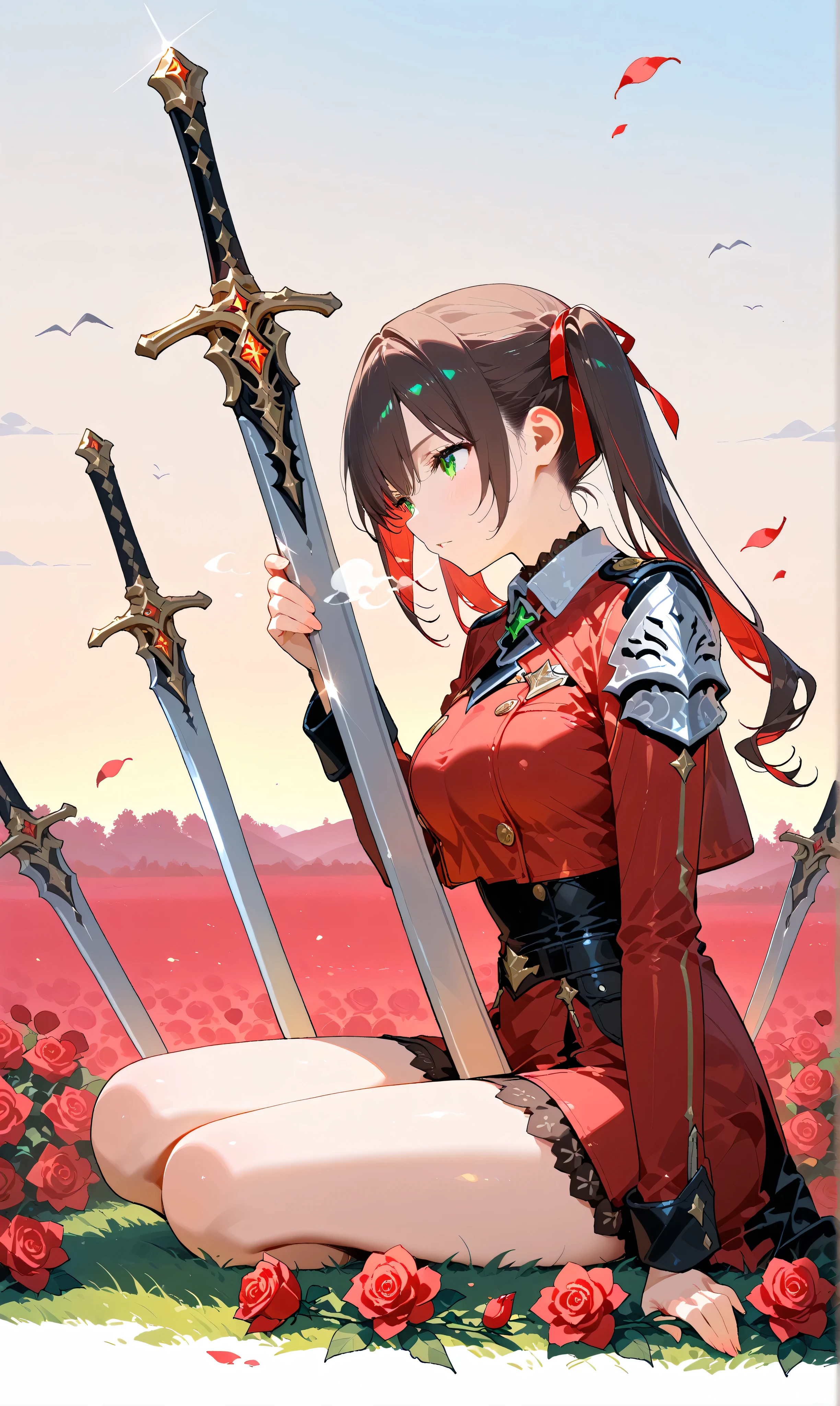 (watercolor:0.4)、( pastel :0.6)、 1girl 、and tying his long jet black twin tails with faint red highlights with a ribbon、A knight wearing a red rose military uniform、 green eyes。sit on the ground in a relaxed position while placing the sword on its side、Take a deep breath。Red roses scattered around the battlefield and the dim air drifts。Simple white background to make the character stand out。