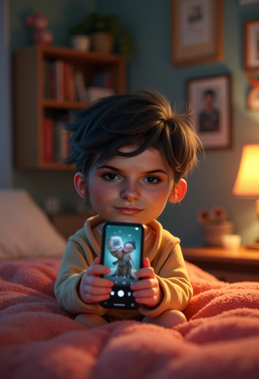 (photorealism: 1.2) (8k) Picture of a real boy taking a selfie in a horizontal position, as if lying down. The boy has short hair, dark brown, a little messy. his face is pale, The facial features are soft, with a neutral expression. He is wearing a dark colored jacket, probably black, with the zipper slightly open, and underneath you can see a light t-shirt, white. The boy holds a black smartphone with his right hand, partially covering the lower part of her face. The phone has a little red heart on the back. The details of the background are, Predominantly dark tones with soft shades of grey and beige.