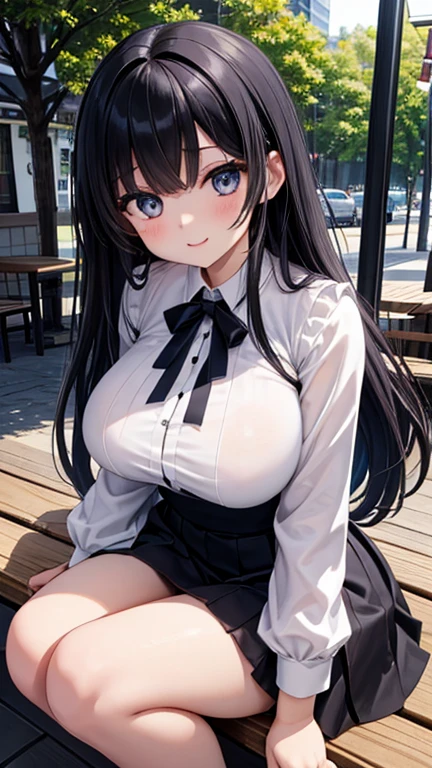 Masterpiece ,best quality , high resolution , (face view , look at view , front view , from front) , (1 girl solo:1.38) , (yukino yukinoshita, black hair, blue eyes, long hair, ahoge) , (cleavage:1.02) , (big breast:1.03) , (blazer, cardigan, jacket, plaid skirt, school uniform, skirt, high school uniform ) , (arms behind back , hand behind back) , (leaning forward:1.3) ,( outdoor , grass , tree , in campus ) , (full face blush , shy ) , (standing , thighs ) , (cowboy_shot)