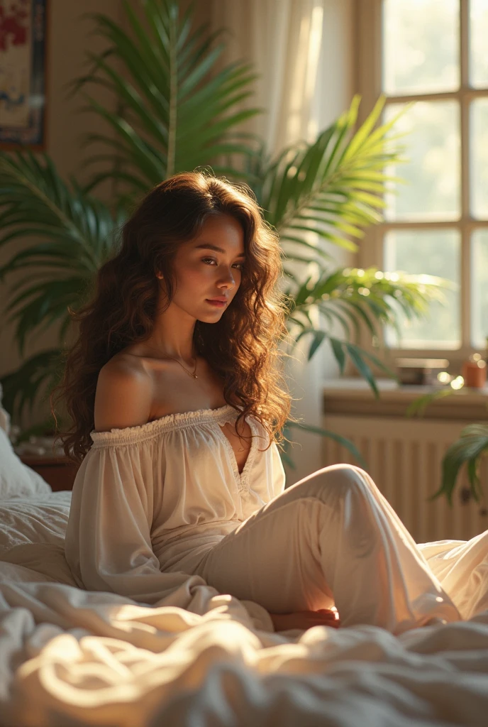 (photorealism:1.2), beautiful hot woman, sitting on bed, wearing loose off-shoulder top, pajama pants, long curly hair, indoors, soft lighting, plants in background, window with sunlight, cozy room, relaxed pose, realistic, intricate details, warm colors, by Greg Rutkowski, by Alphonse Mucha