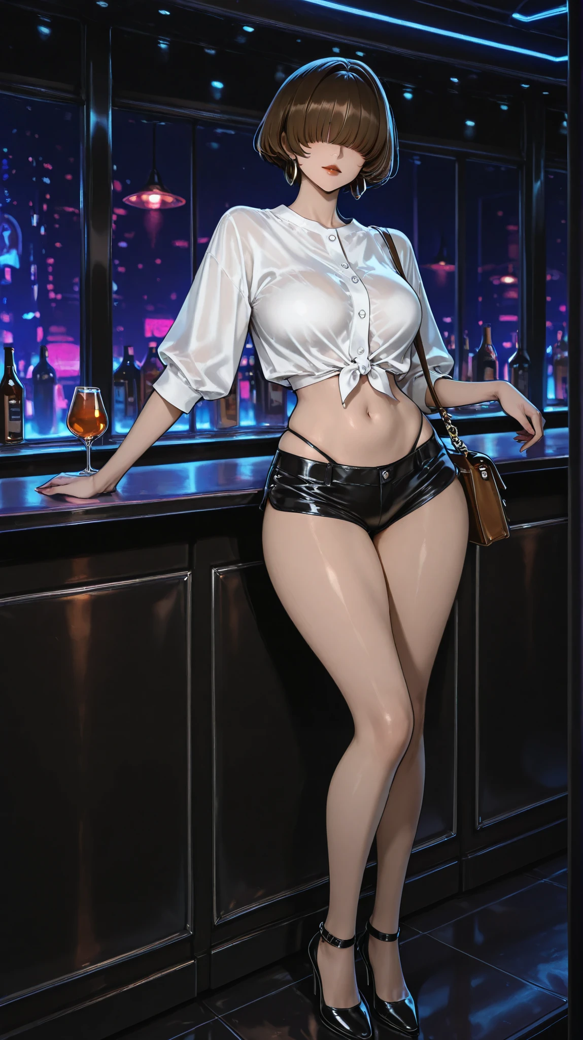 female, sexy, H cup-sized breasts, wide hips, short hair, brown hair, front hair bangs over eyes, wearing a designer shirt, exposed stomach, wearing booty shorts, wearing a thong, high heels, carrying a purse, lipstick, hoop earrings, dark, night, inside, nightclub, standing by the bar, purse on bar, hand resting on bar top