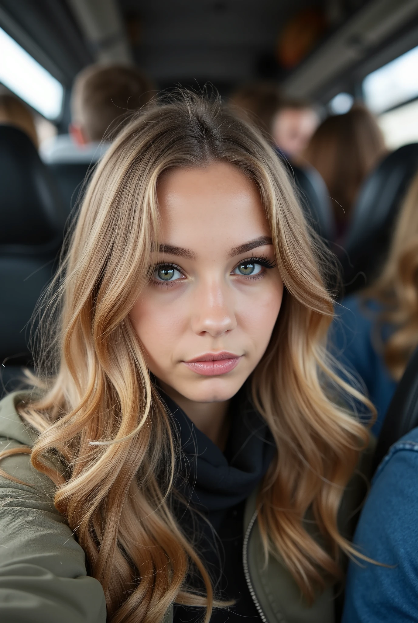 beautiful girl, 18 years old, she has light blue eyes., medium-length hair, blonde hair, A packed minibus, people are crowded, people on top, from the side, from below, as if the minibus is big everywhere, the minibus is big. The painting in Russia, people in winter clothes, the painting itself is bright. One girl in the crowd looks at the camera with a crazy expression on her face, she reaches for the camera with her hand - as if she wants to be saved, the girl is trapped by people from all sides, there are a lot of people, Girl takes a selfie