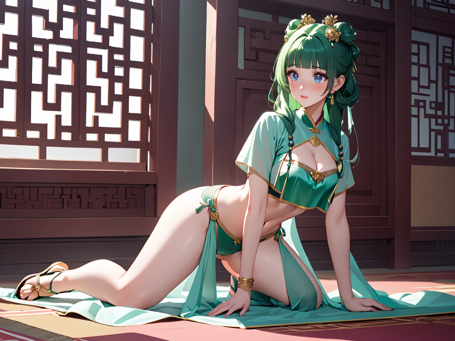 flat2D Anime Illustration。Emerald Punk Background。Ultra high definition。Enraged, he turns his face away。Lying on the floor。Off-the-shoulder clothing。Navel clothes。Beauty。Long white hair and fox ears。Big bust。Many earrings。Many necklaces。Many brooches。Many hair accessories。