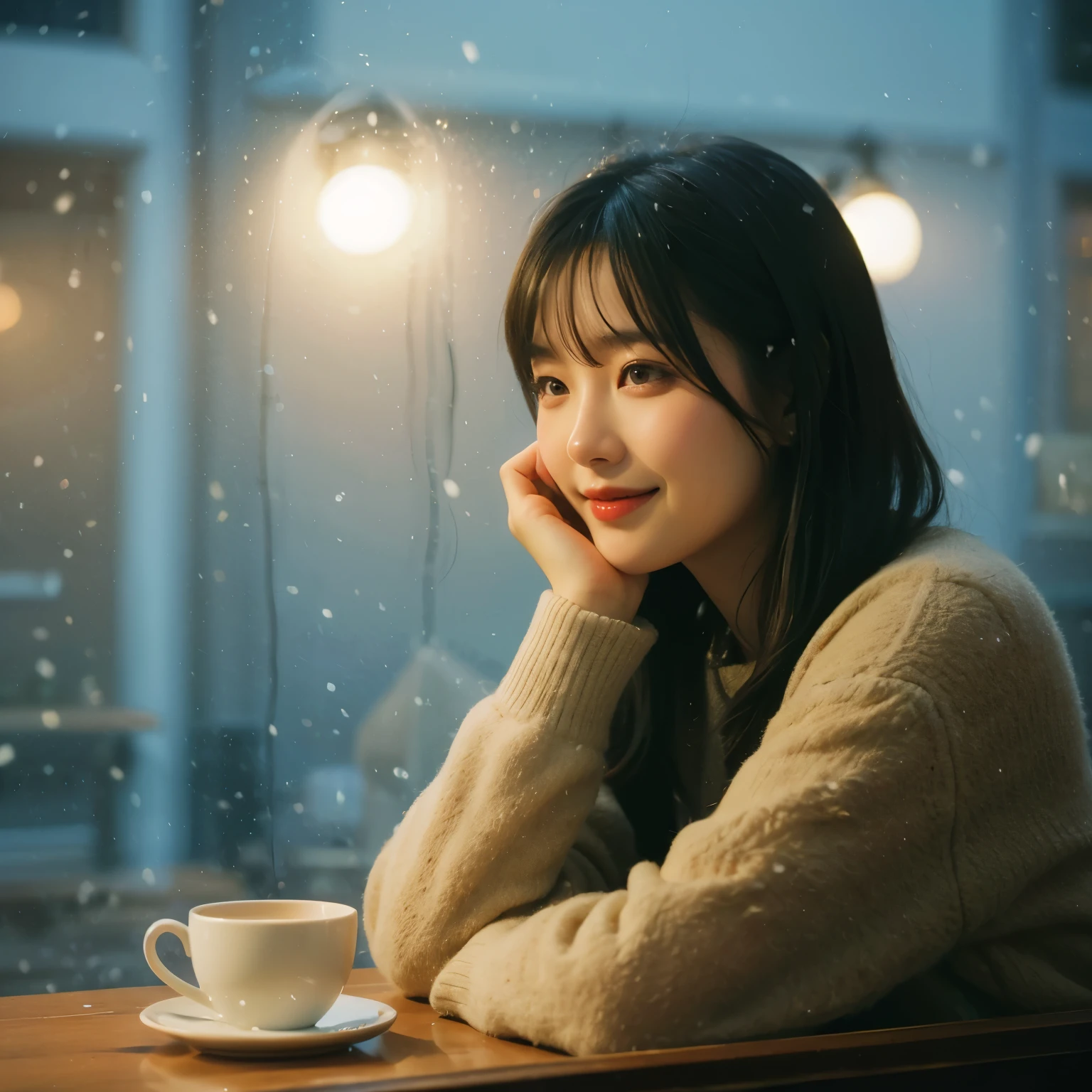 The snowy landscape seen from the cafe window, your smile reflected in the glass, don't disappear like melting snow.