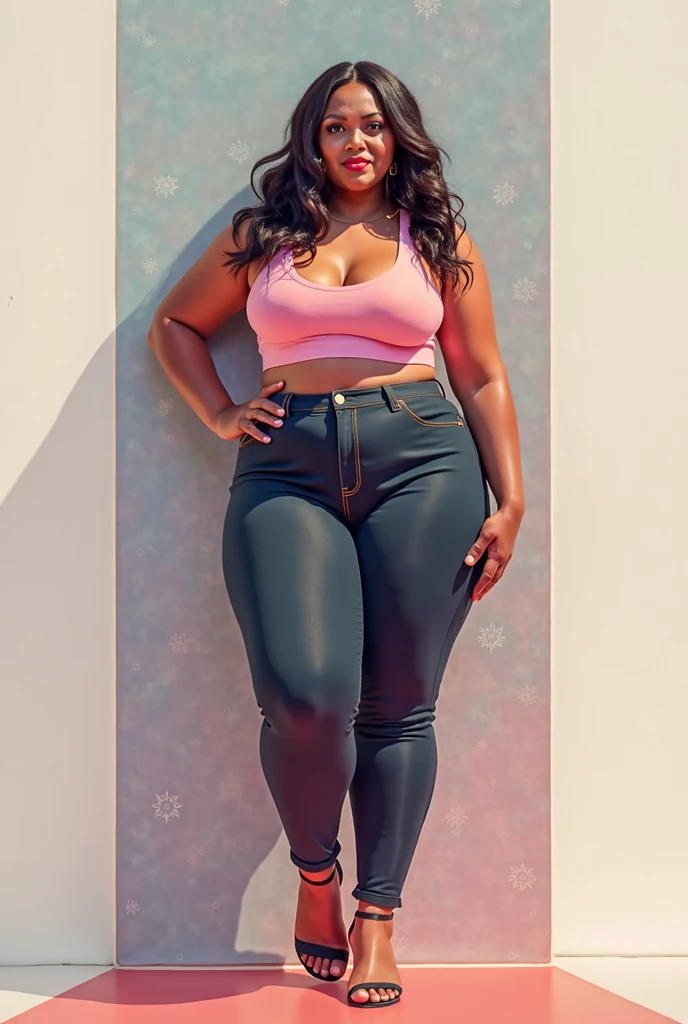 Curved with moderately big hips African lady wearing pink tights with flat tummy facing the camera 