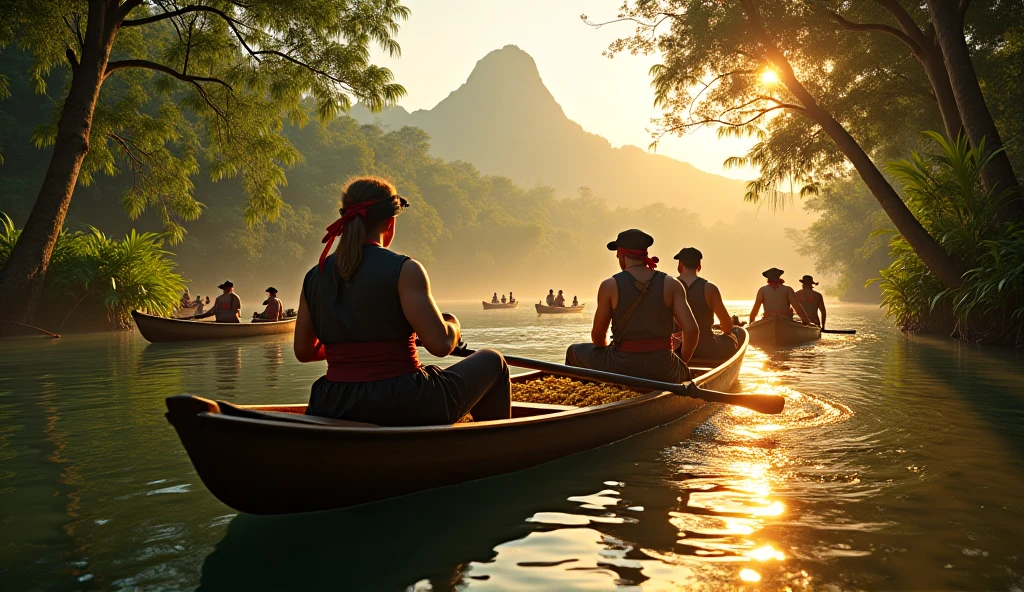 indigenous people fishing in a river, In the background mountains and a town on the river bank, in pre-Hispanic times, The wooden boats with the indigenous people with spears and the town with indigenous houses