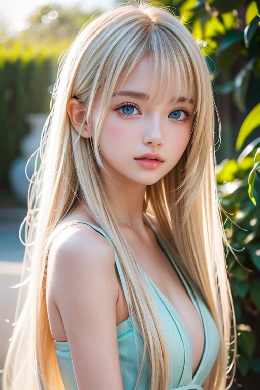 shiny transparent white skin、Windy hair gets in the way of her pretty face、Colossal、Cute little beautiful face of 14 years old、Beautiful super long straight blonde hair、Large, bright, light blue eyes that sparkle beautifully、long silky bangs that cover cute eyes, Sexy Face Hide Hair Super Long Hair Sexy Cute Young Woman Long Natural Blonde Shiny Shiny Hair、cheek highlights、small face beauty、