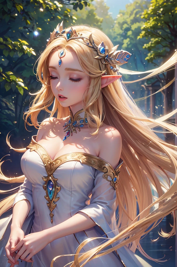 (masterpiece, best quality, beautiful and aesthetic:1.3), (A beautiful elf lady), look back, side view, 1 elf girl, (solo:1.3), light smile, (honey blonde hair streaked beige:1.4), (Gradient sliver hair ends:1.6), hair strand, absurdly long hair, single sidelock, wavy hair, shiny hair, floating hair, (sky blue eyes), delicate eyes, aqua eyes, super high detailed eyes, long upper eyelashes, eyes makeup, red lips, elf up-turn pointy ears, Focus on face, Very detailed facial, (Pretty Face:1.3), Perfect medium chest, slim body, porcelain skin, (Delicate skin texture:1.2), (Highly detailed skin:1.2), bridal veil, lace-trimmed dress, see-through, wedding dress, (outdoors), white roses, garden, (morning), detailed background, beautiful background, standing, whole body, extreme detailed, Edge lighting, two color lights, 8K UHD, Bokeh, イーブイの絵, soft light, Volumetric lighting, confess, warm tone