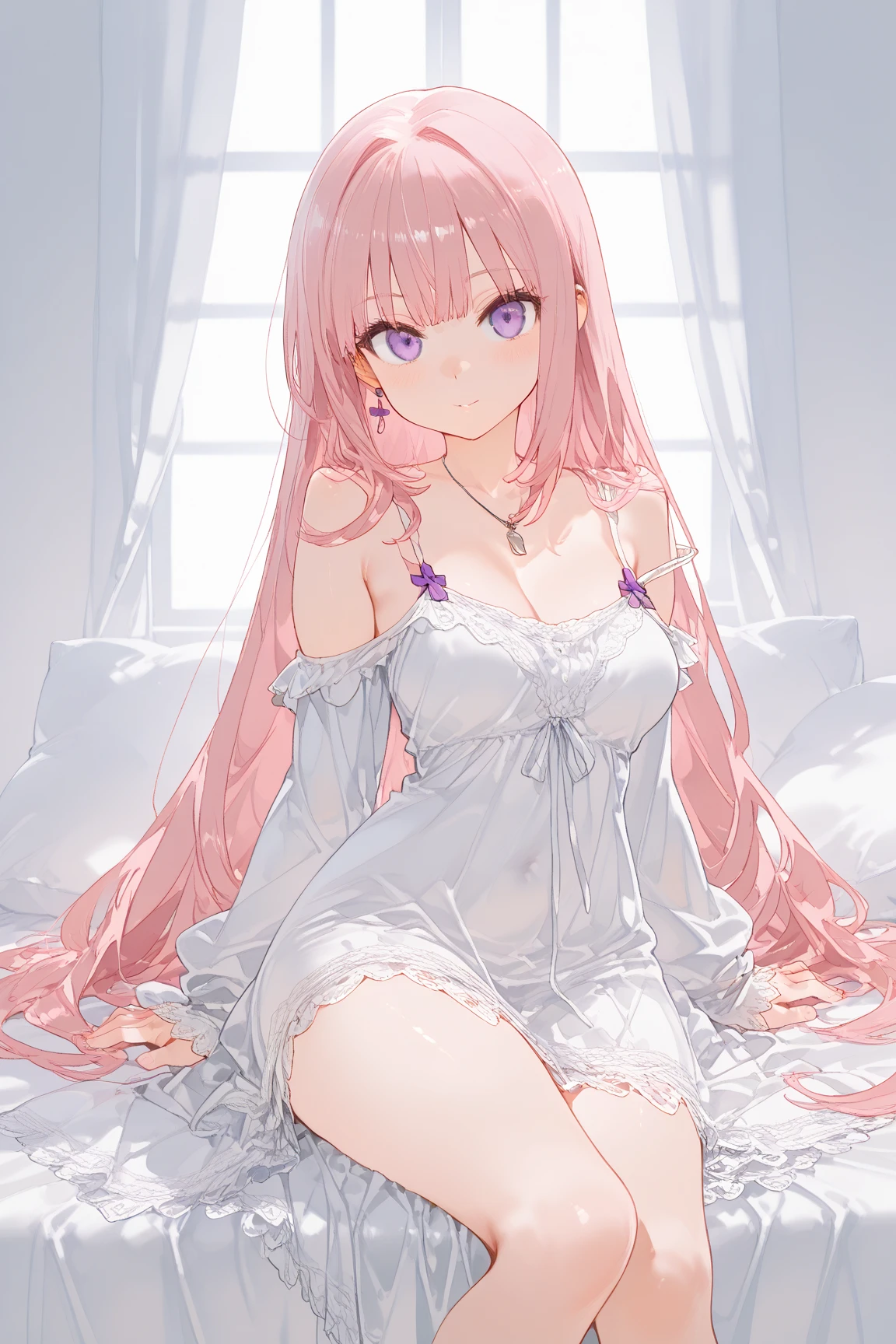 A pink haired woman with violet eyes with an hourglass figure is wearing a lacy nightgown.