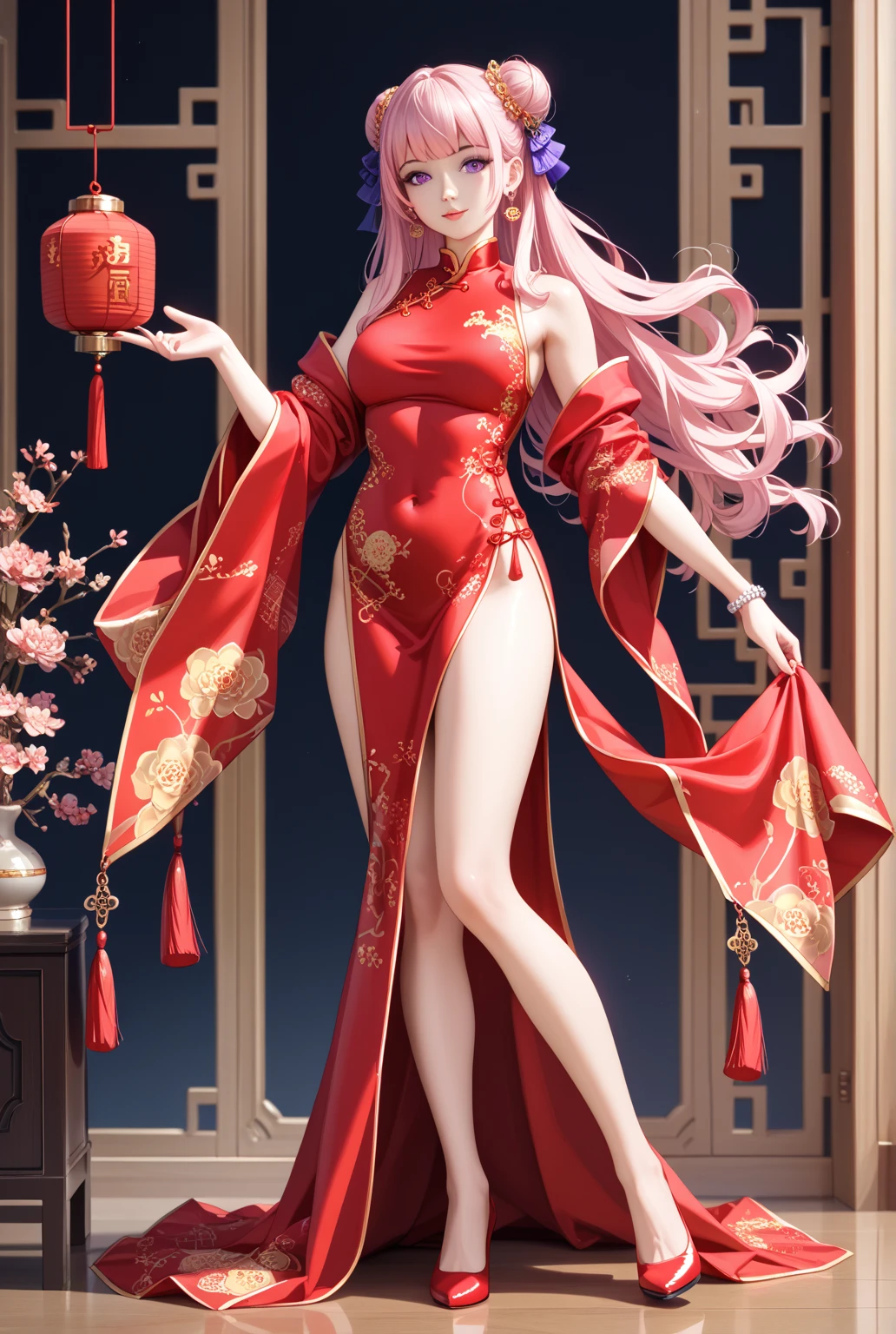 woman,beautiful woman, cute woman, pink long hair, purple eyes, red china dress、full body