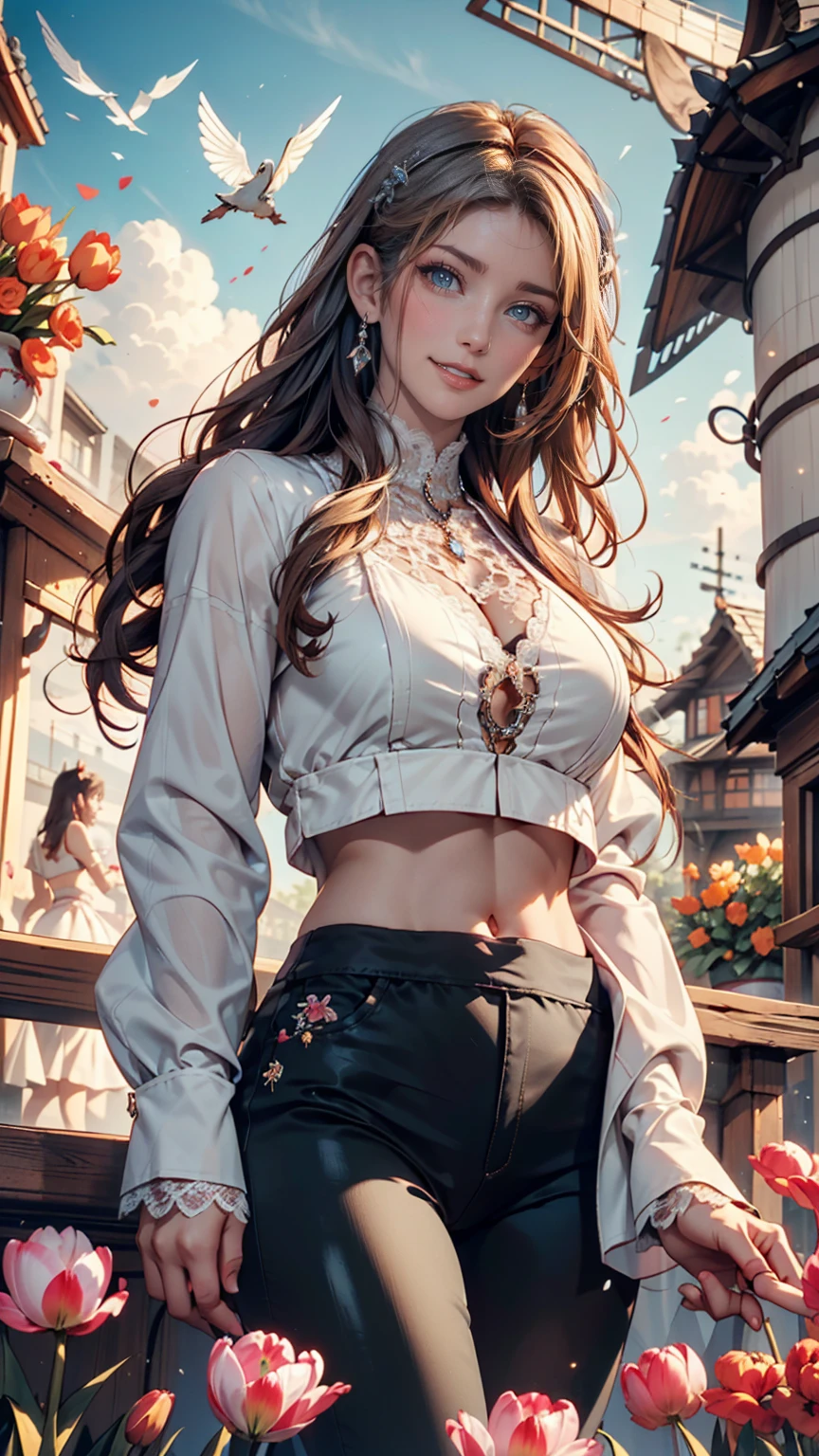 24-year-old woman、Beautiful appearance、Model Body Type、Sexy proportionesh dye on hair、Semi-long hair、Zipper-up high neck top、No sleeve、Lace-decorated arm covers、Low-rise micro mini skirt、Exposed thighs、European cityscape background