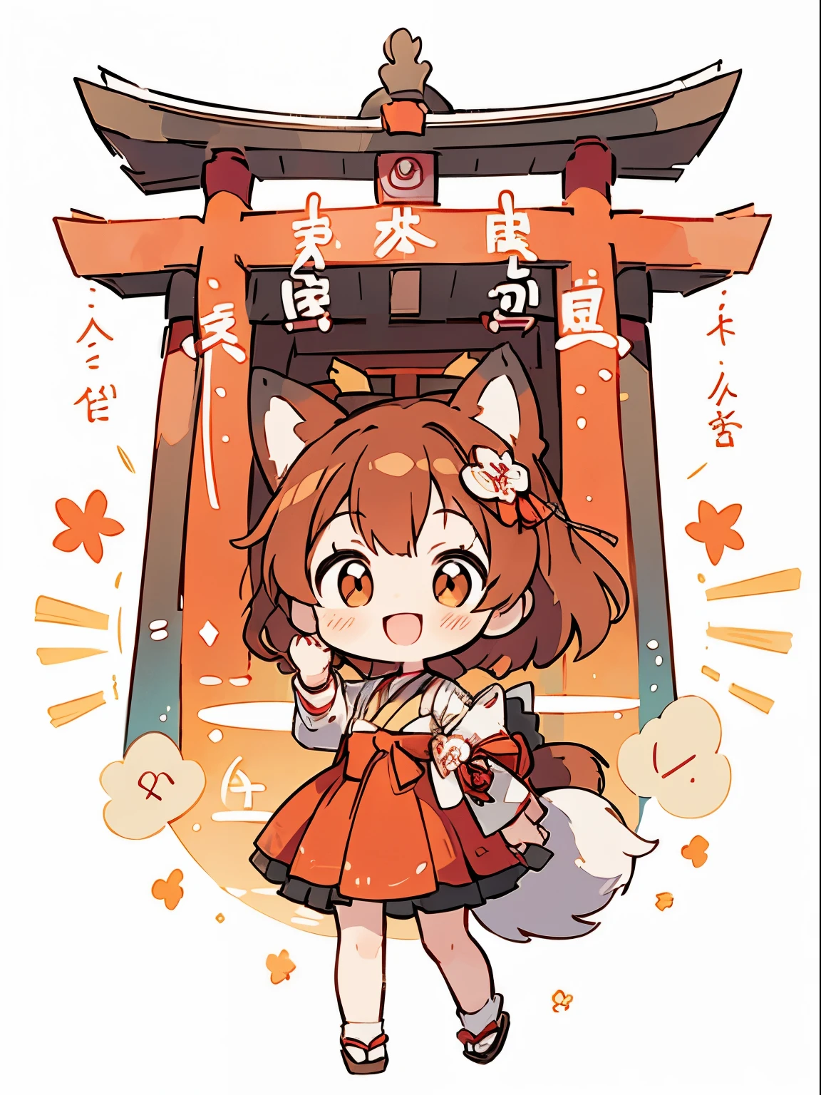 ((highest quality)), ((masterpiece)), ( details), perfect face, Perfect Arms, perfect hands, perfect finger, anime, ultra fine illustration , ((1 person)), chibi, fox ears、 ( fox girl), shrine maiden clothes、cute, pale brown hair, Playful , {( open your mouth )}, red torii gate and shrine background、Outdoors, (smile:1.3), , Big fox with tail、