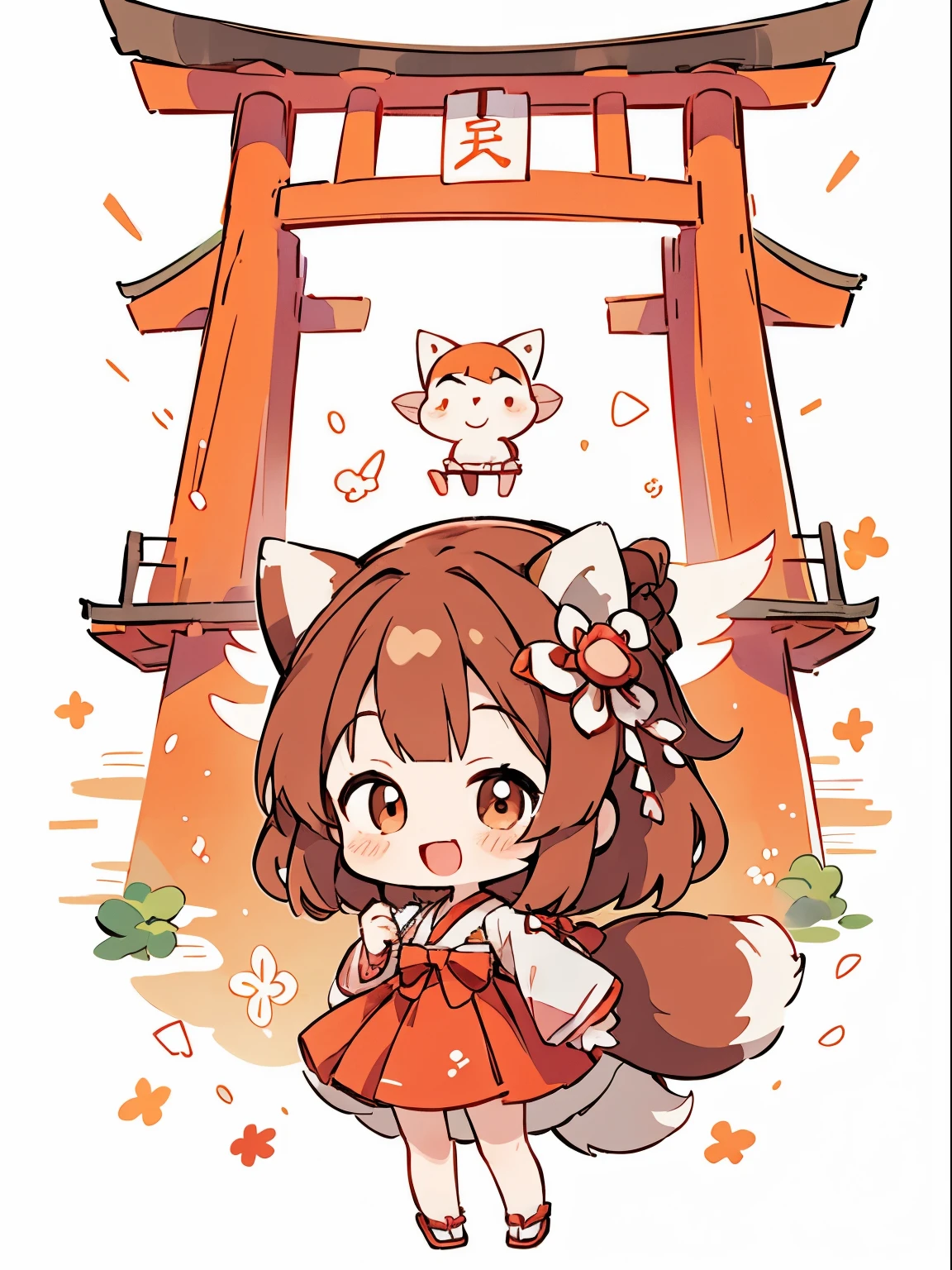 ((highest quality)), ((masterpiece)), ( details), perfect face, Perfect Arms, perfect hands, perfect finger, anime, ultra fine illustration , ((1 person)), chibi, fox ears、 ( fox girl), shrine maiden clothes、cute, pale brown hair, Playful , {( open your mouth )}, red torii gate and shrine background、Outdoors, (smile:1.3), , Big fox with tail、