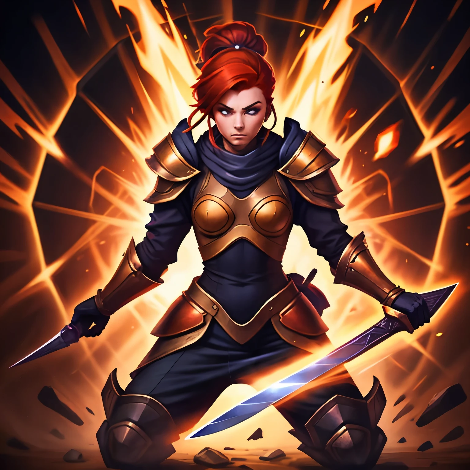 Redhead princess in armor with a sword in her hand and stuck it on the ground,Energy bursts ,flat skill icon, League of Legends skill icon,dark conceptual art