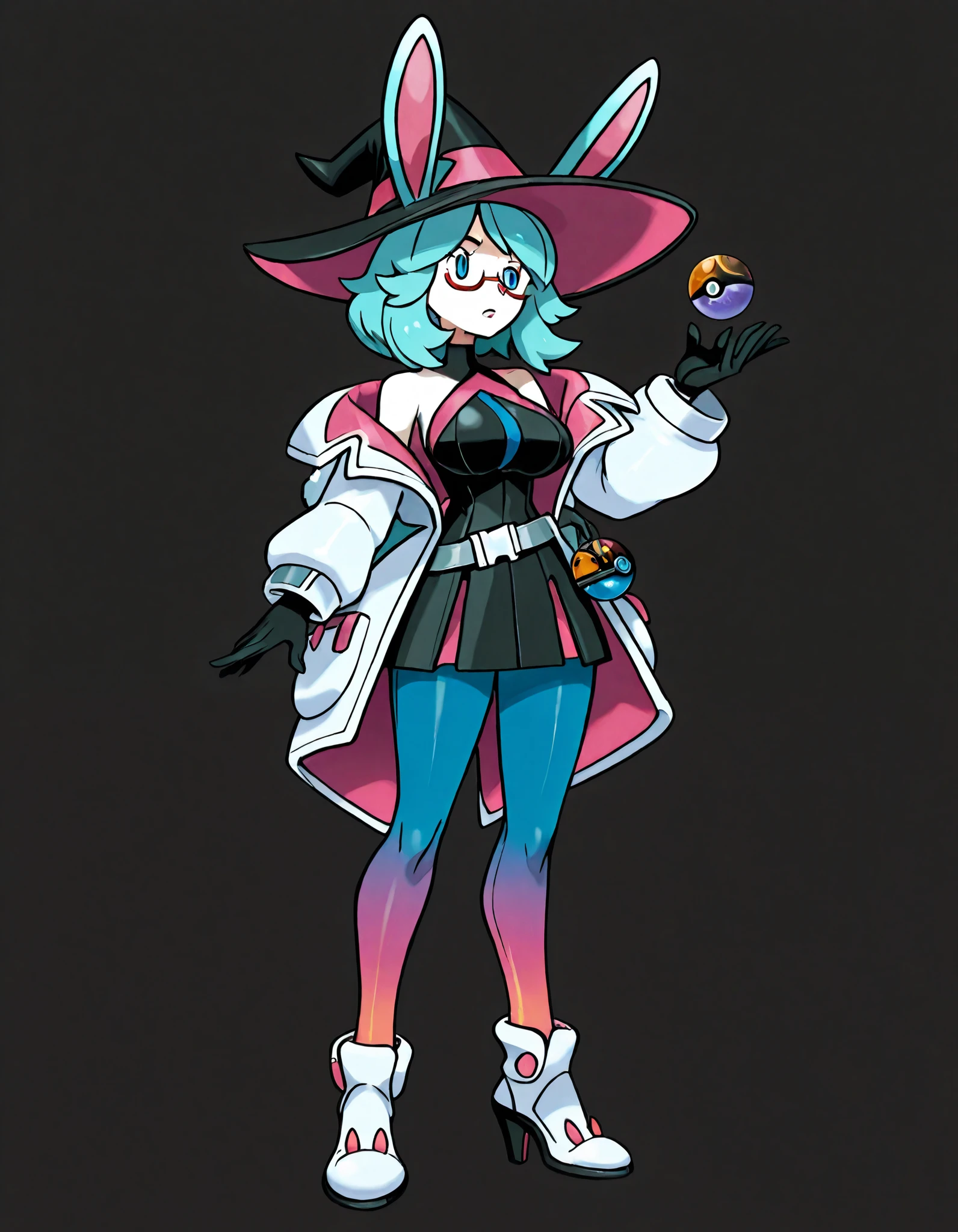 ( , stands,full body,high heels,front view,Standing picture,white background:1.7)masterpiece, Best Quality, 1girl , alone, eyelashes, (beautiful eyes), 1girl , Elf Ball , Elf Ball (Basics), Elf Pokémon oras, ,, Classic Jissen Pokémon Art Style,concept art,, 寶可夢訓練師concept art, 1girl , Aurora_bunny,animal ears,gloves,hat,breasts,rabbit ears,glasses, blue hair,jacket,belt,witch hat,black dress,dress,medium hair,black gloves,aqua hair,red-frame eyewear,semi-rimless eyewear,tail,bare shoulders,short dress,white jacket,bangs,black headwear,large breasts,pantyhose,rabbit tail,blue eyes,off shoulder,open coat,ear through headwear,white_footwear,gradient pantyhose,blue_pantyhose,
