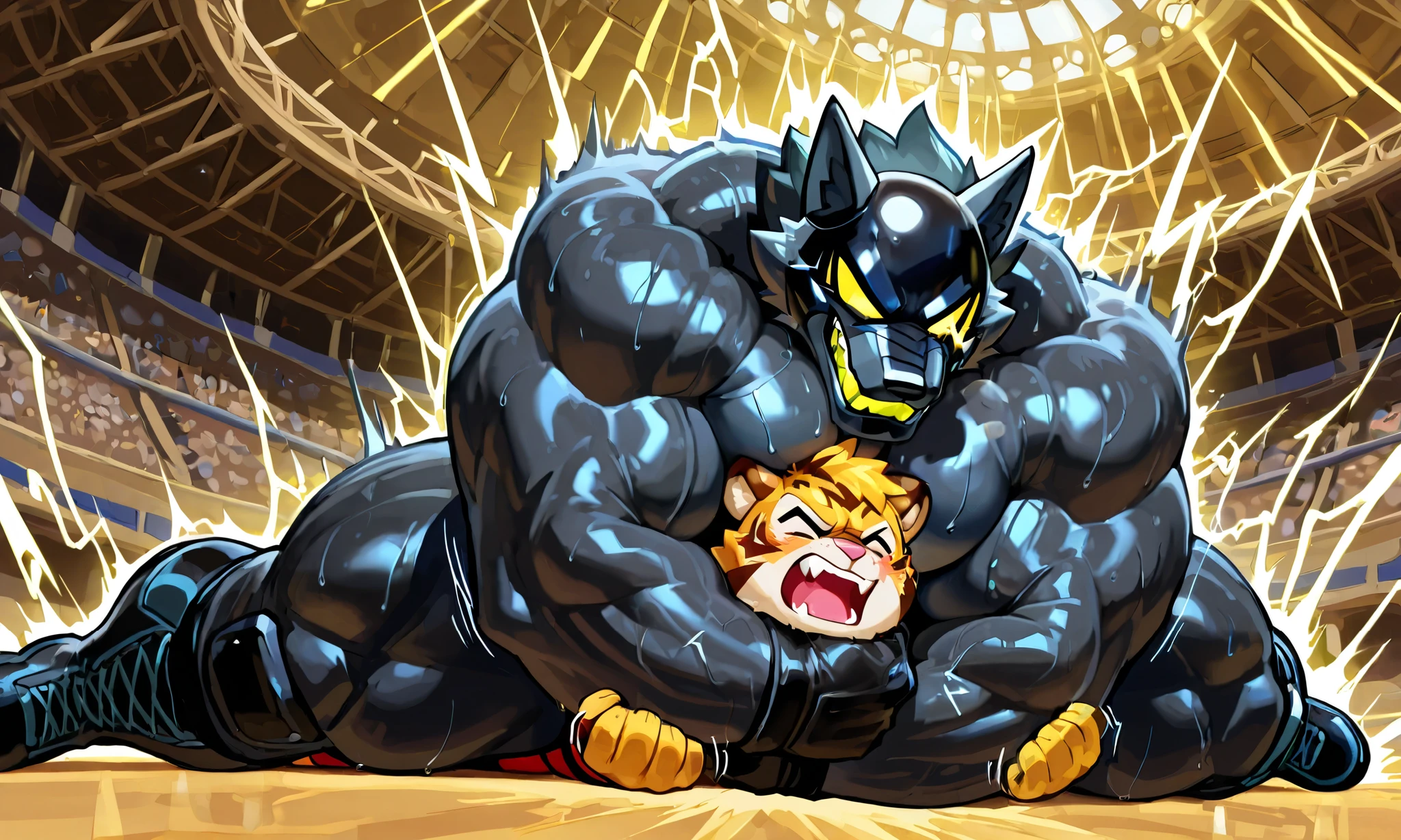 （Defeated boy being violated by a big ferocious tiger with red eyes and black fur、）Constraints、bestiality、Milling machine（Young Shota）、On all fours、Nipples、Red Hero Suit、Tight hairstyle、Brown Hair、Intense ejaculation、Ahegao、Erect penis、In town((Public Execution、rape、Intense 、A lot of semen、YAOI、))